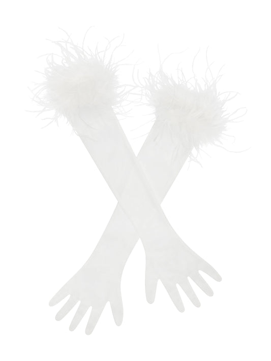 Quinn White Feather Trimmed Opera-Length Gloves