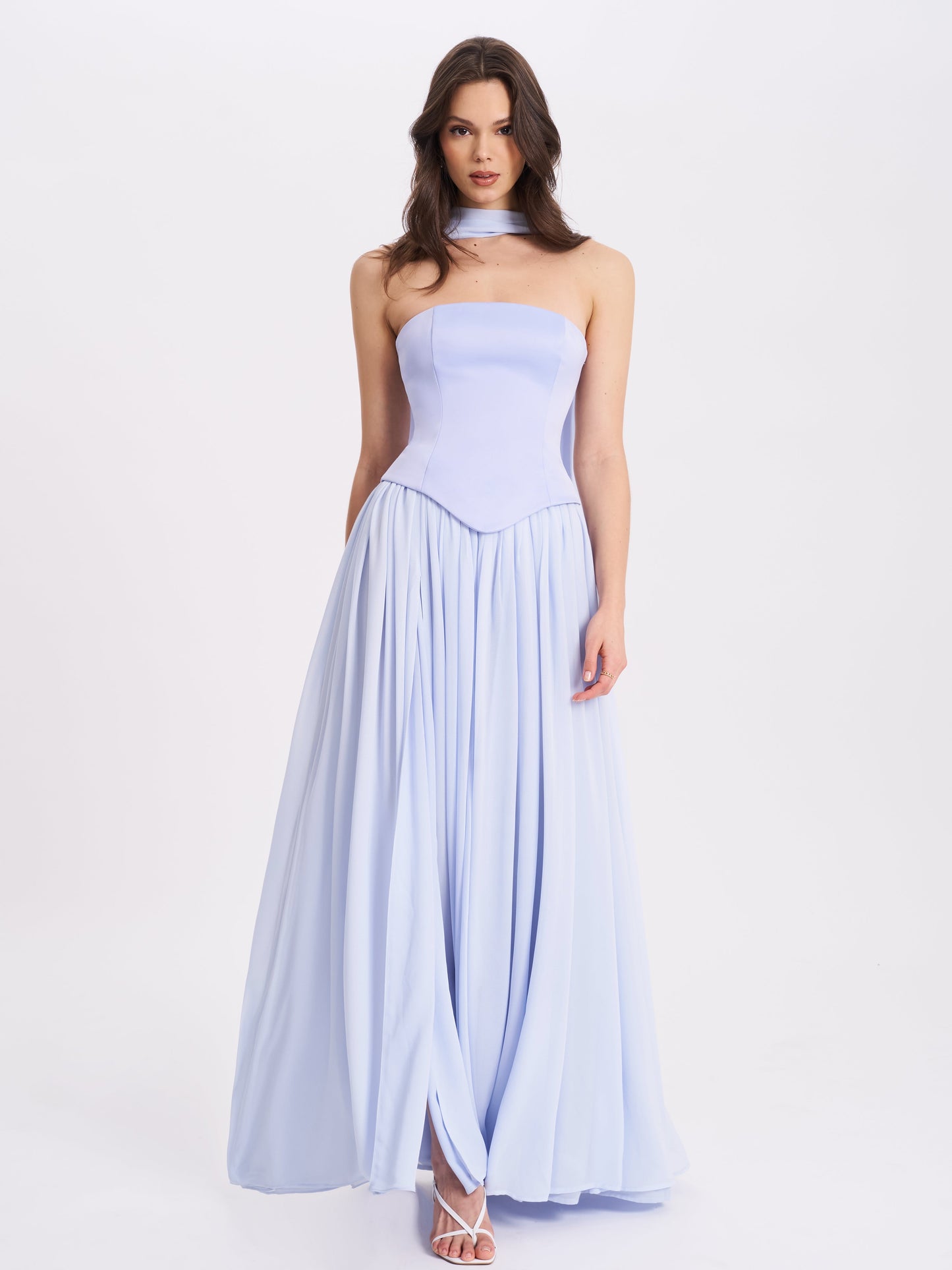 Qianna Baby Blue Peplum Drop Waist Chiffon Gown