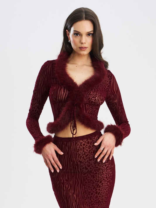 Hali Burgundy Animal Print Burnout Velvet Fur Trim Top