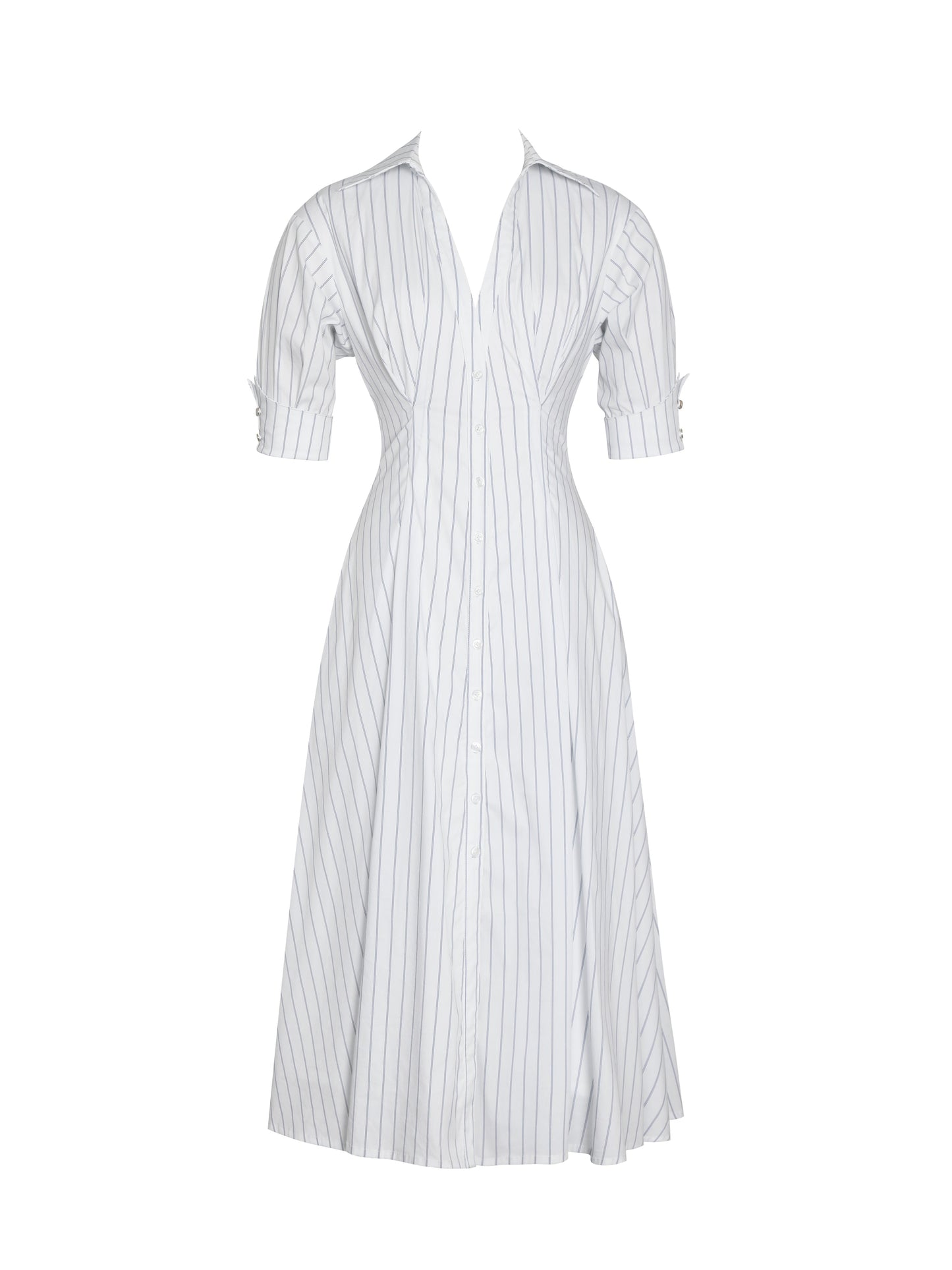 Palina Pinstripes Cotton Poplin Pleated Midi Preppy Shirt Dress