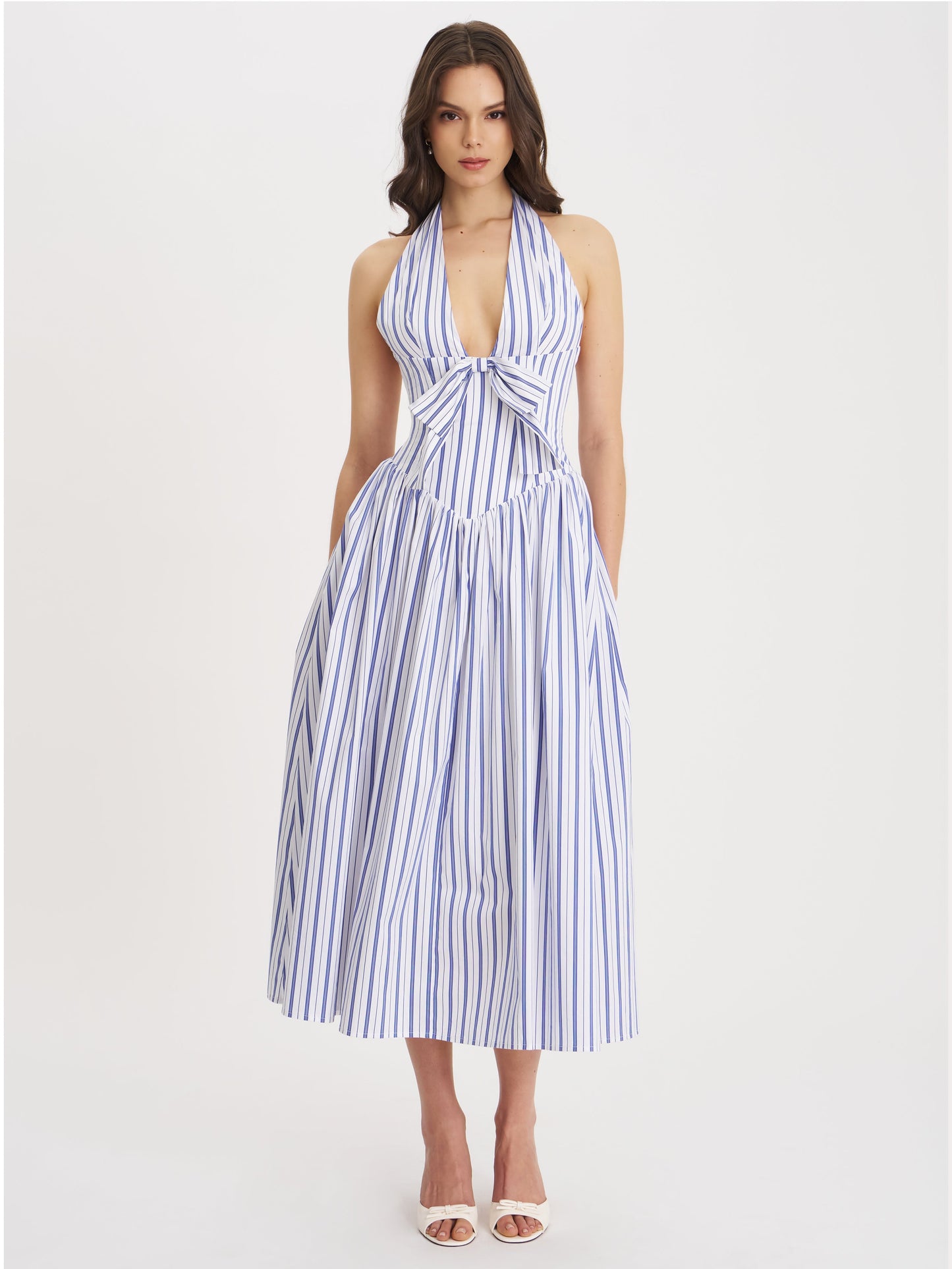 Mackenna Navy Stripe Halter Smock Back Maxi Dress
