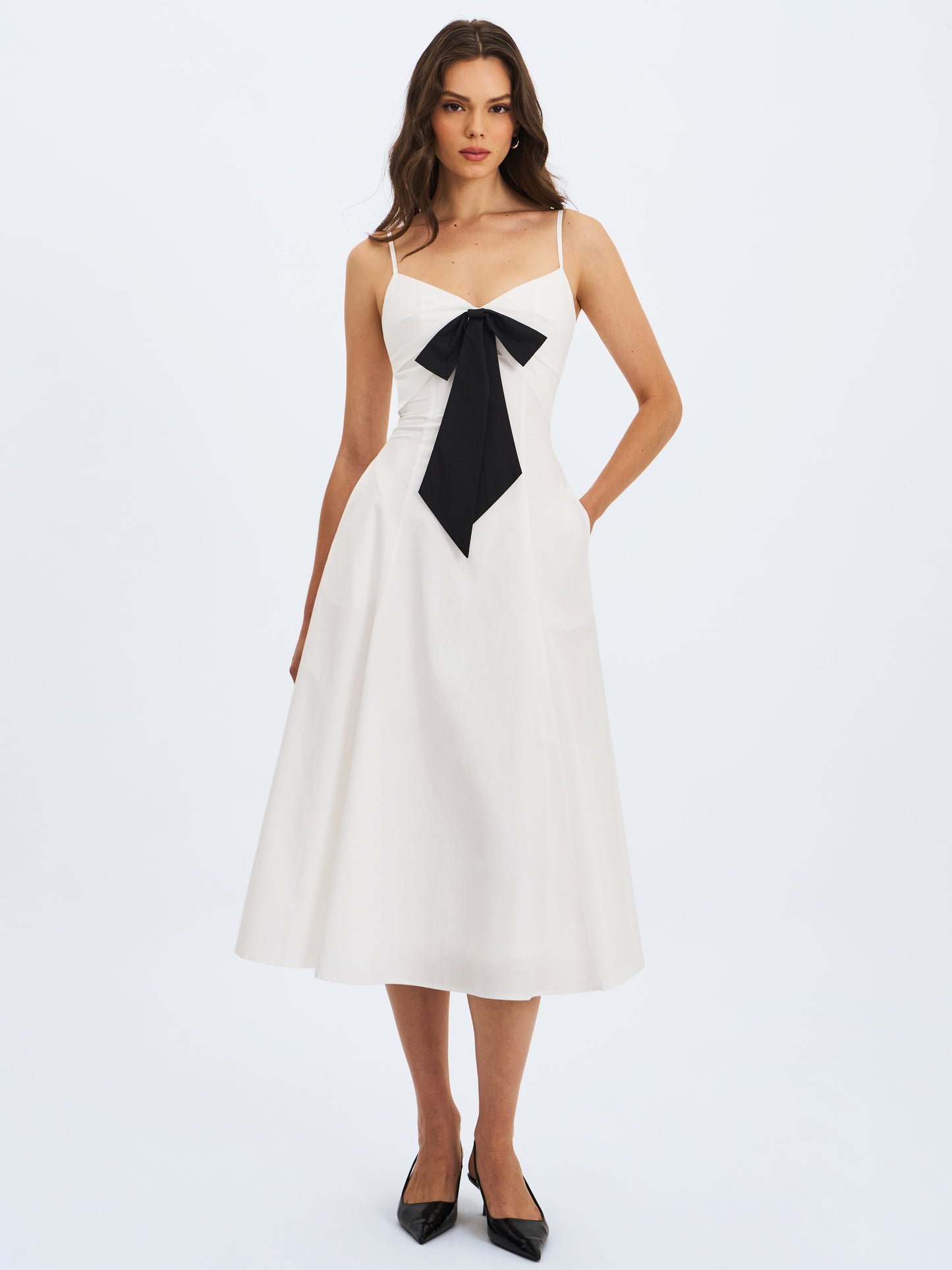Corinne White Poplin Flared Midi Dress with Removable Bow