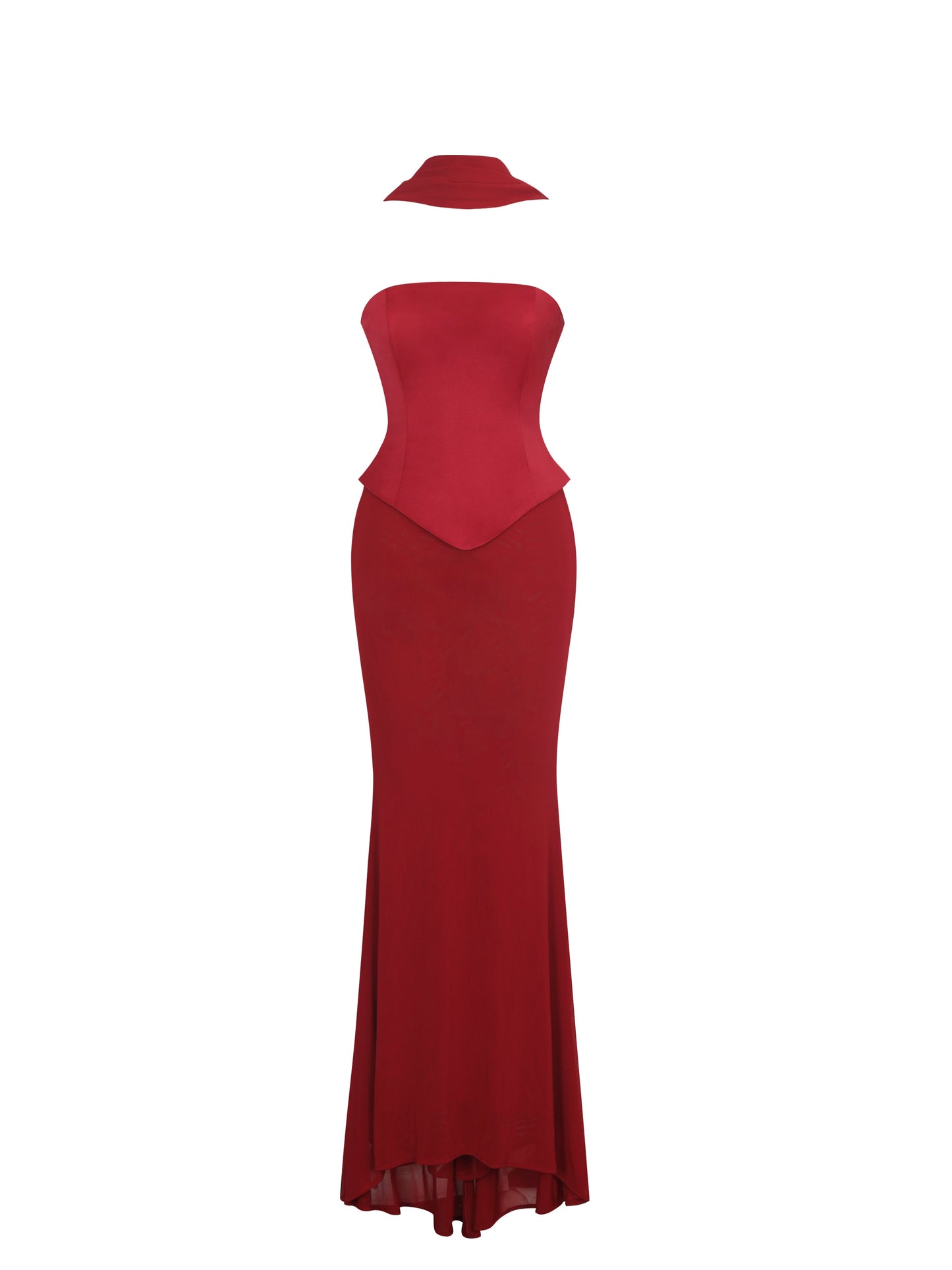 Giselle Crimson Peplum Mermaid Gown with Chiffon Scarf