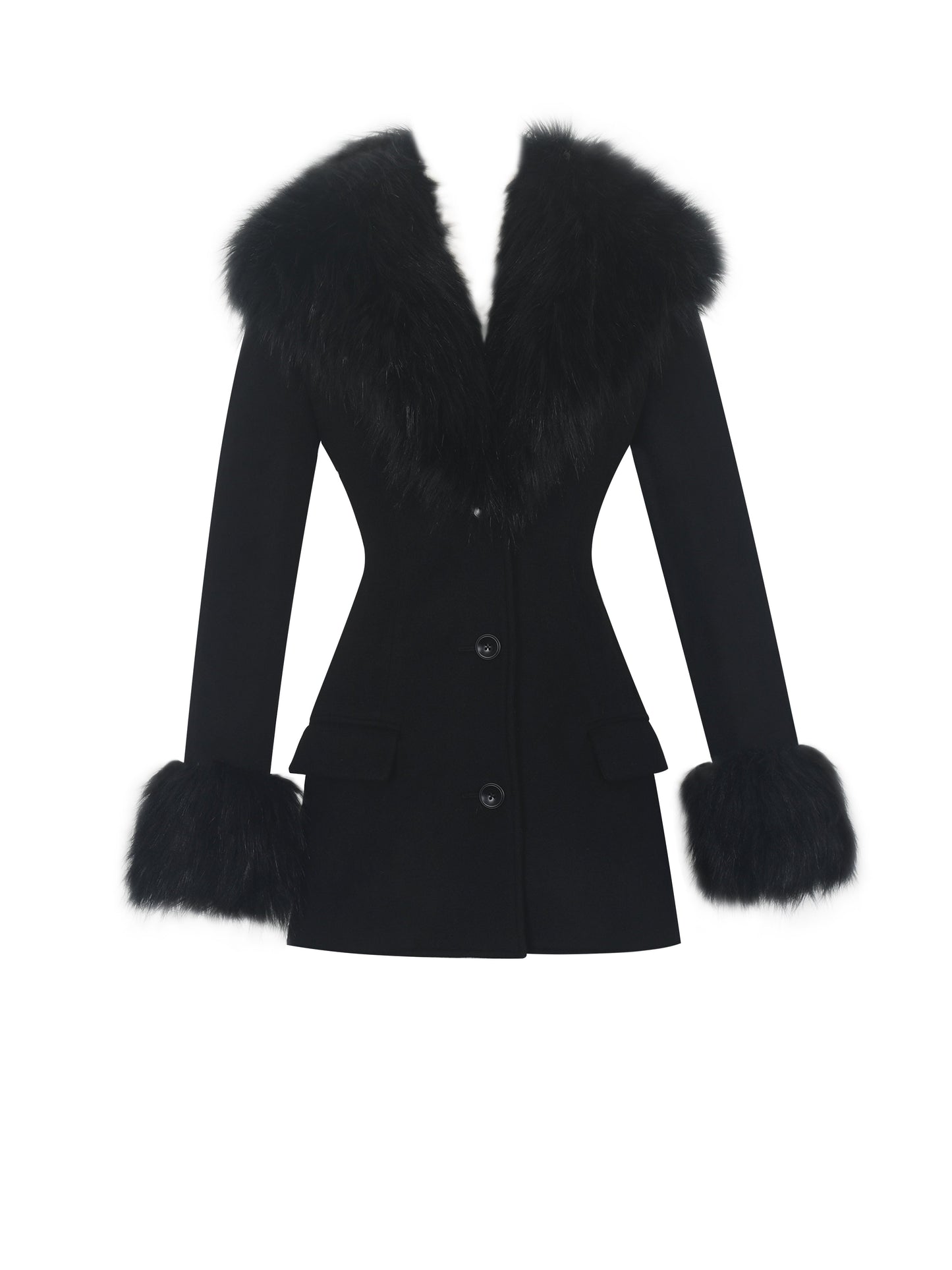Hailee Black Single Breasted Wool Blend Mini Coat with Removable Fur Lapel