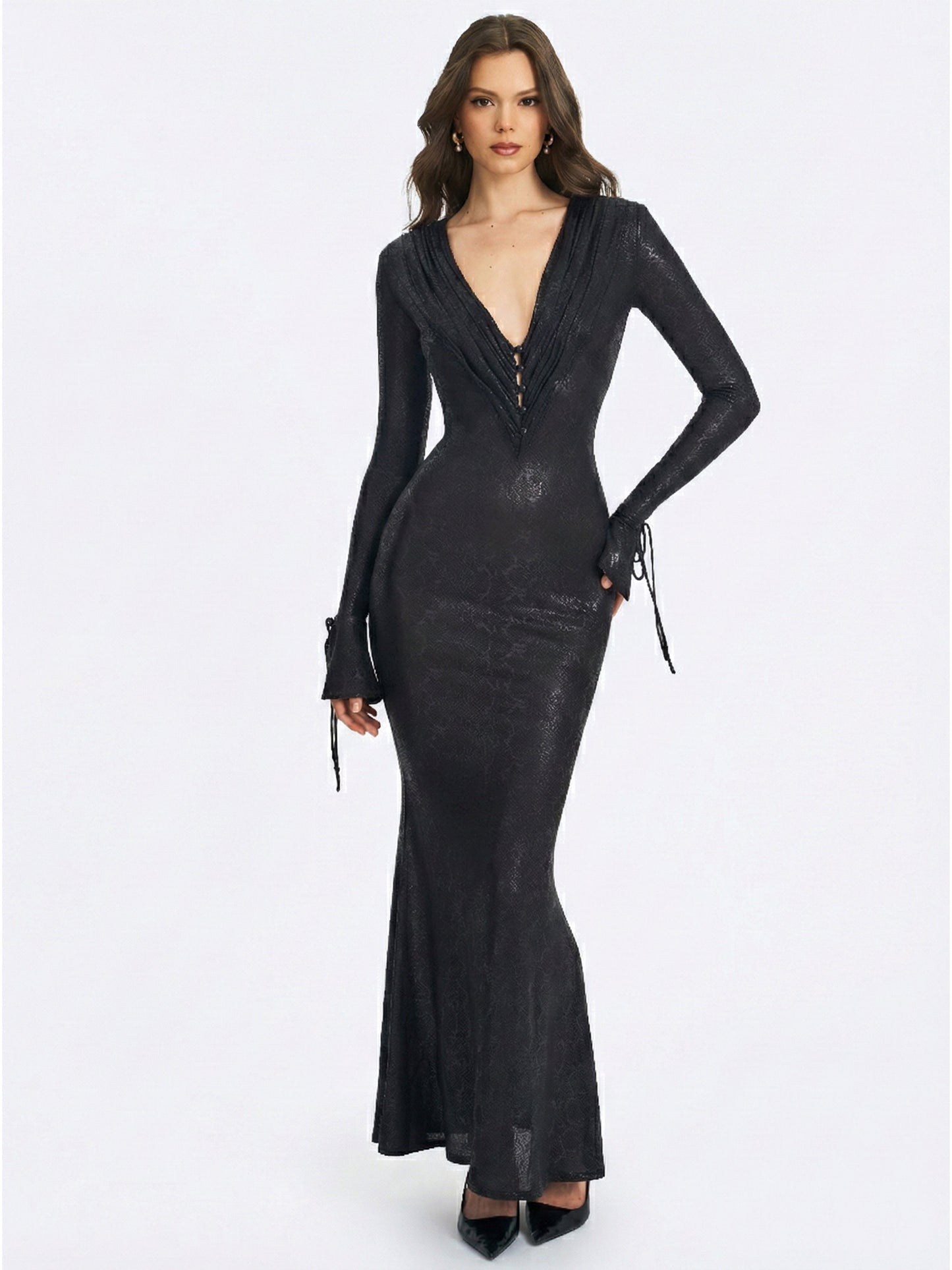 Ilysia Black V-Neck Plunge Snakeskin Mermaid Hem Maxi Dress