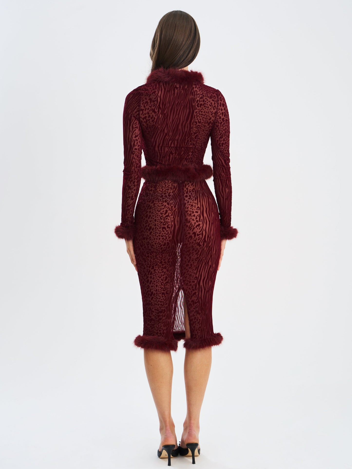 Halia Burgundy Animal Print Burnout Velvet Fur Trim Skirt