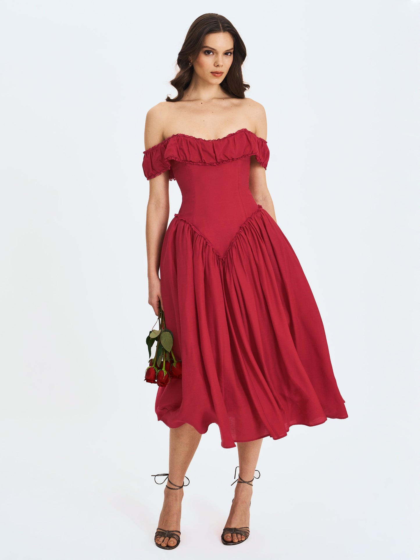 Xavy Crimson Off-Shoulder Corset Midi Dress