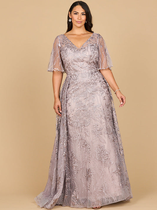 Lara 28880- Overskirt Lace Fitted V-Neck Gown with Cape Sleeves