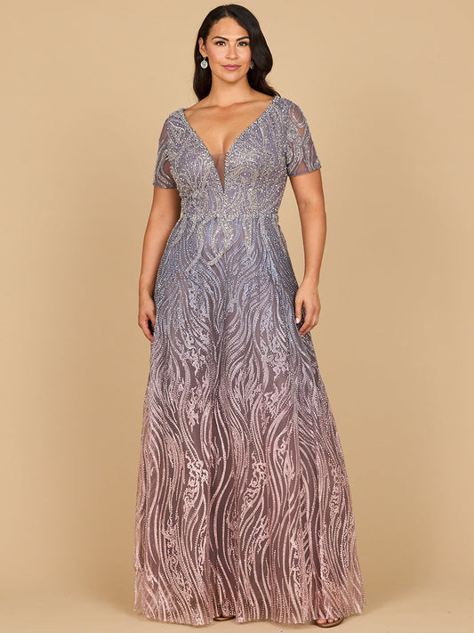 Lara 28961 - Short Sleeve V-Neck Beaded Ballgown