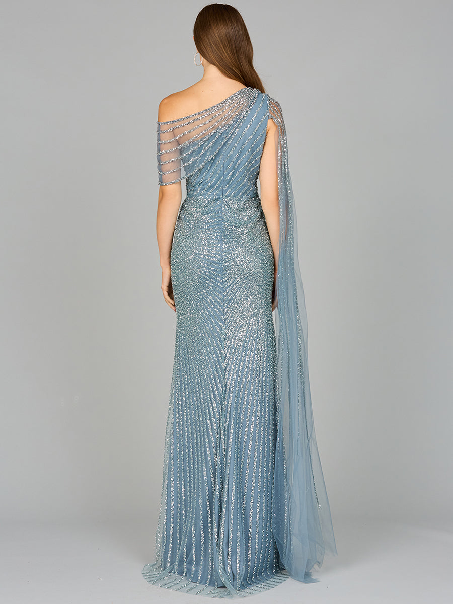 One Shoulder Fitted Gown with Cape Sleeve | Lara 29051