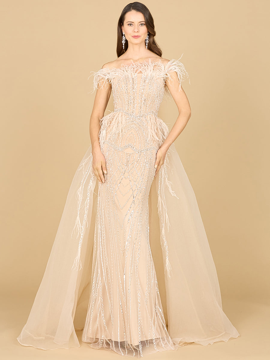 Off Shoulder Gown with Feathers