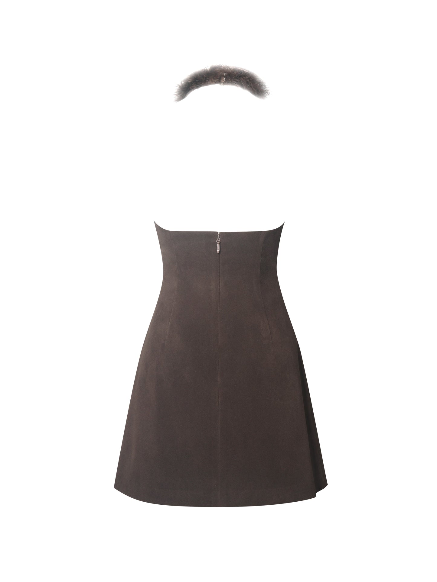 Yael Espresso Vegan Suede Faux Fur Halter Mini Dress