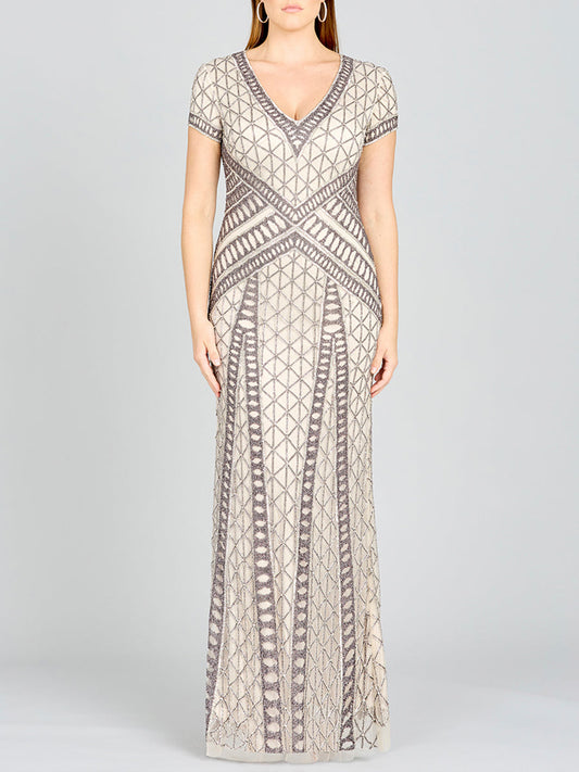 Lara 29746 - Beaded V-Neckline Dress with Cap Sleeves