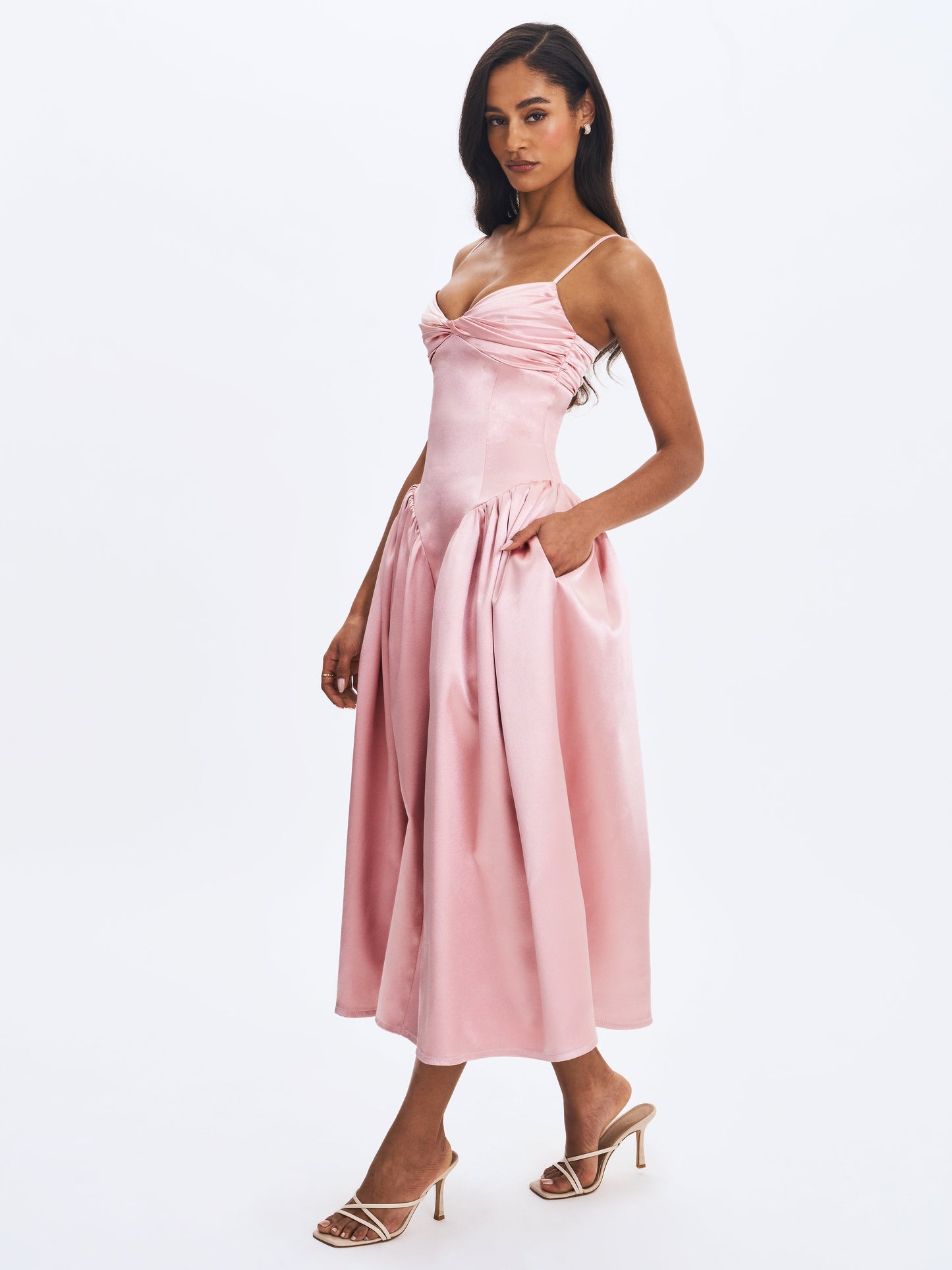 Tullia Dusty Rose Satin Ruched Midi Dress