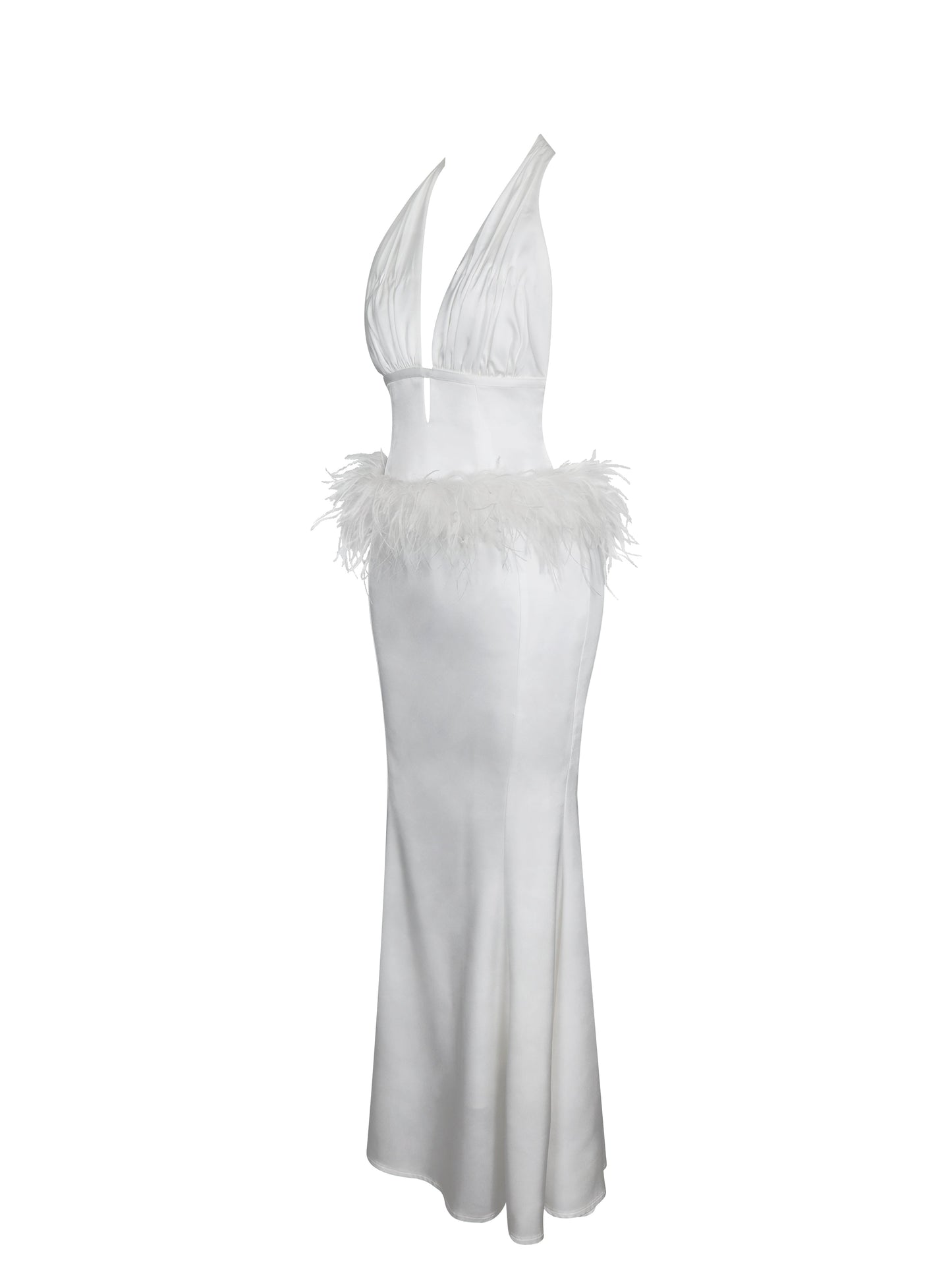 Solene Pleated Halter Backless Feather-Trim Maxi Dress