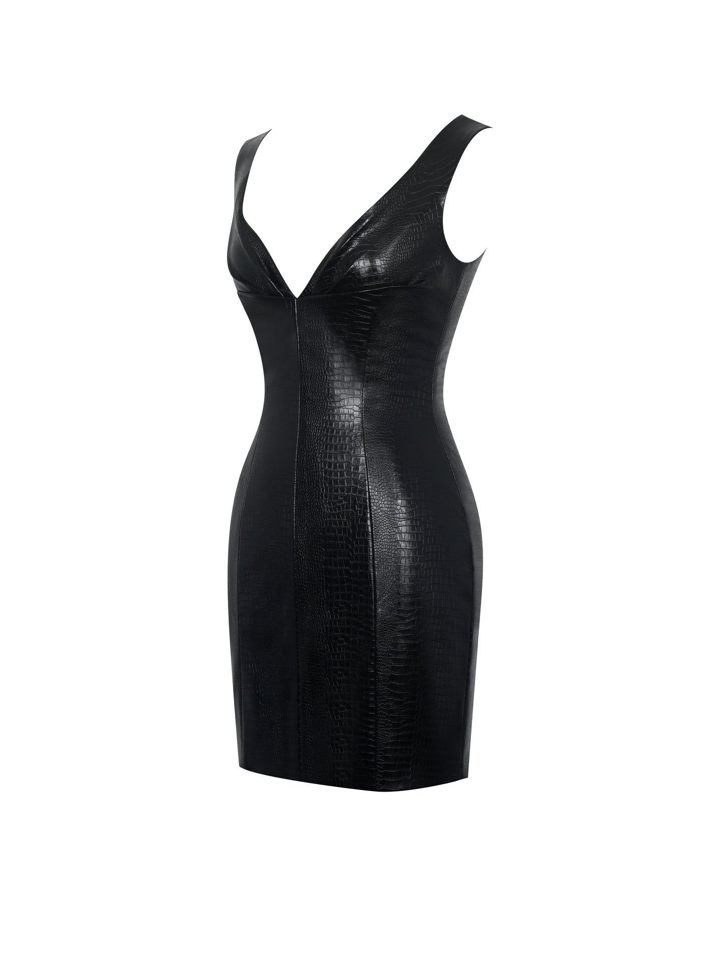 Quilia Black Vegan Crocodile Leather Plunge Mini Dress