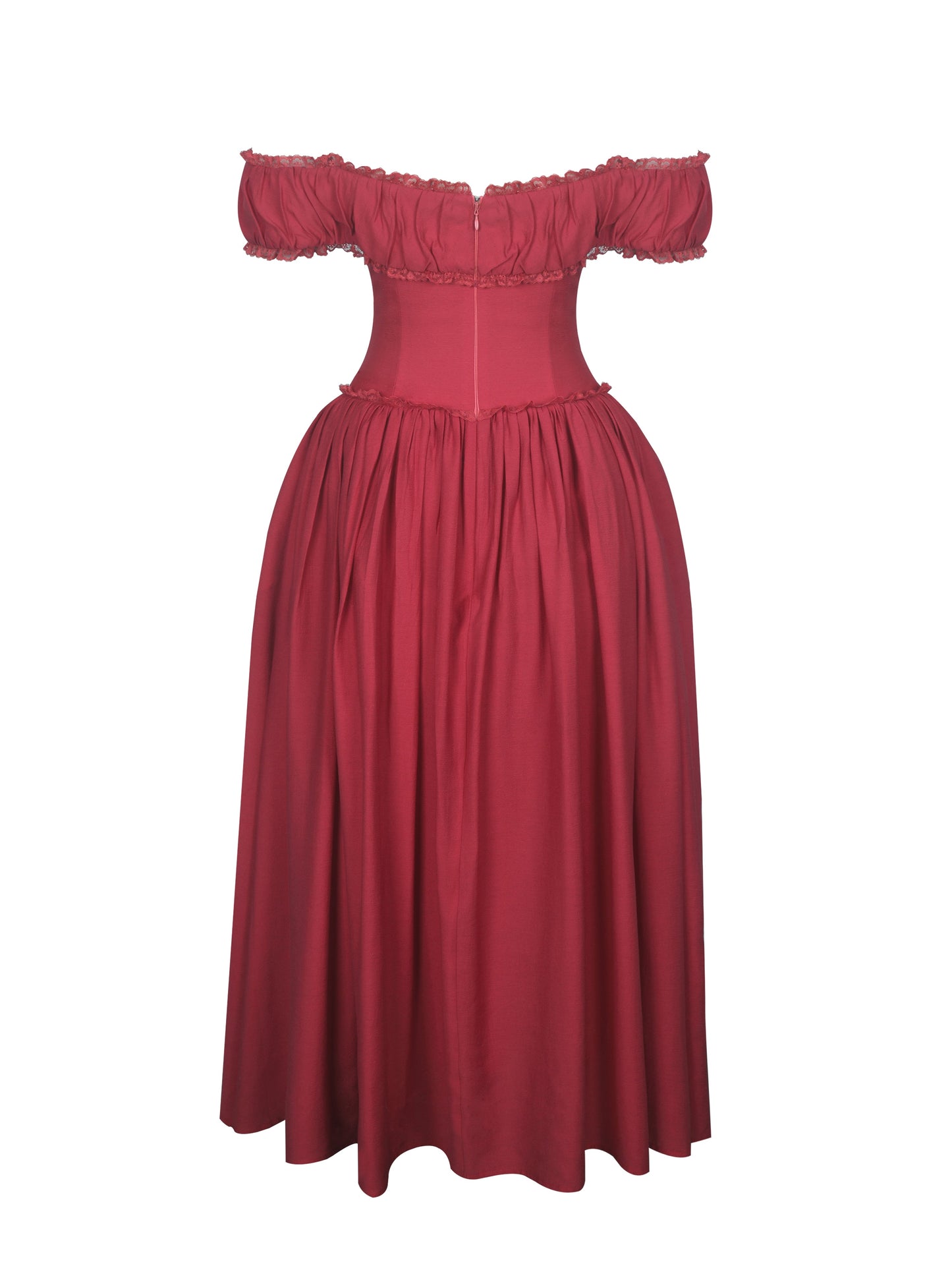 Xavy Crimson Off-Shoulder Corset Midi Dress