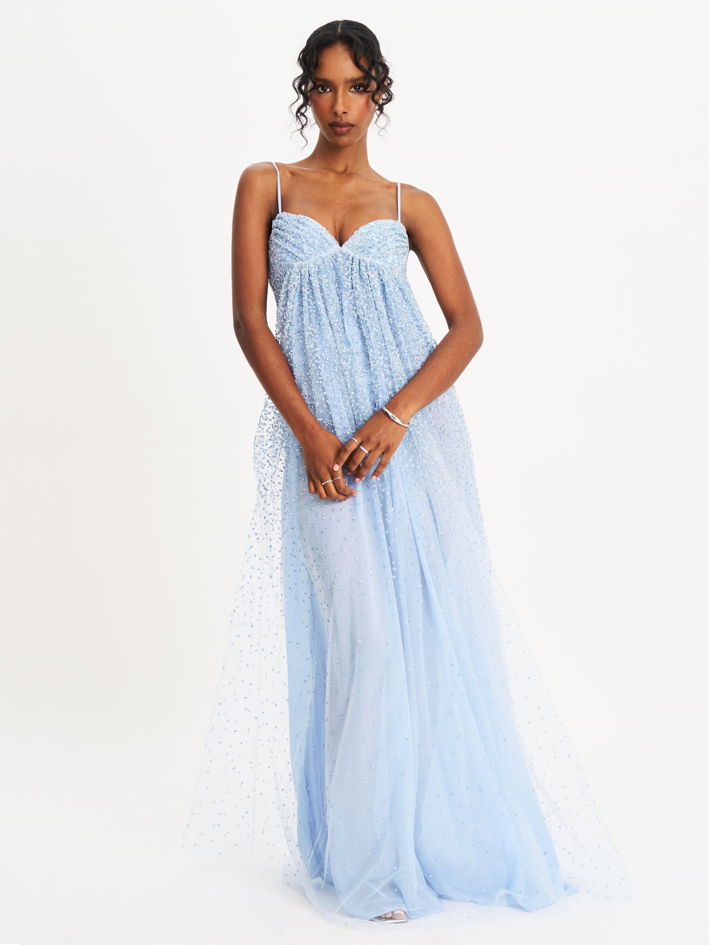 Wallie Baby Blue Rhinestone Embellished Mesh Backless Gown