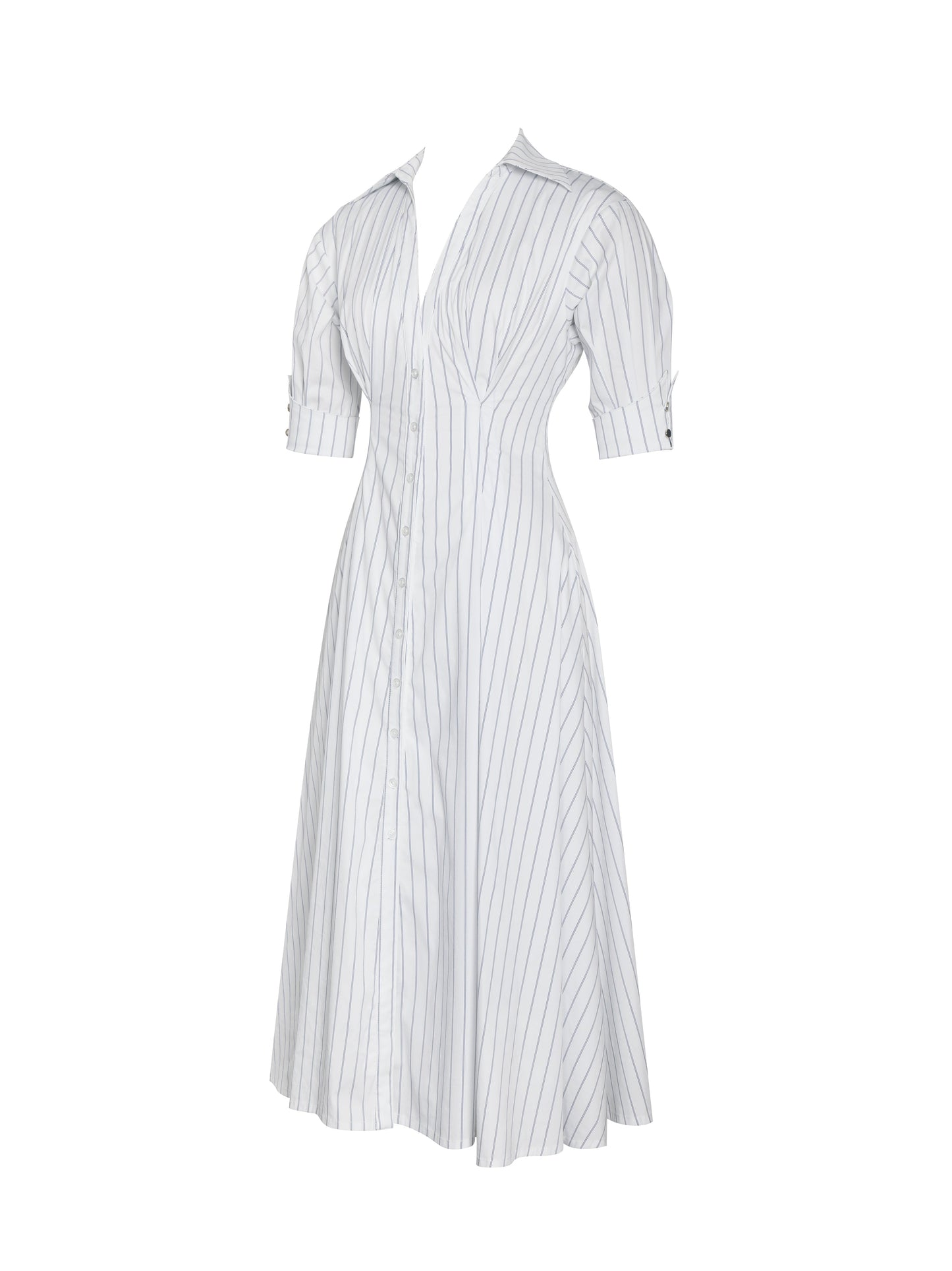 Palina Pinstripes Cotton Poplin Pleated Midi Preppy Shirt Dress