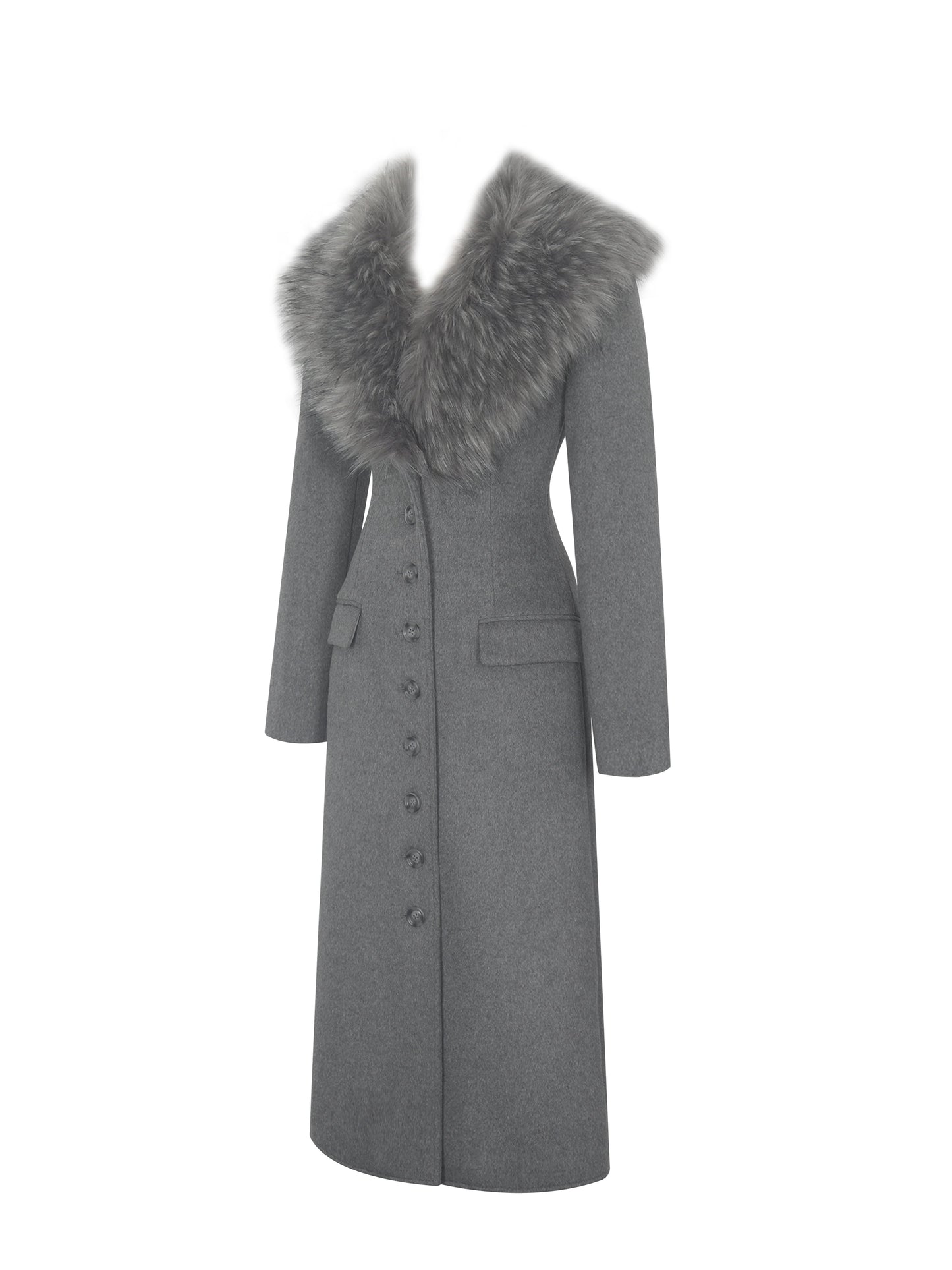 Faye Grey Wool Blend Single-Breasted Coat with Removable Faux Fur Collar