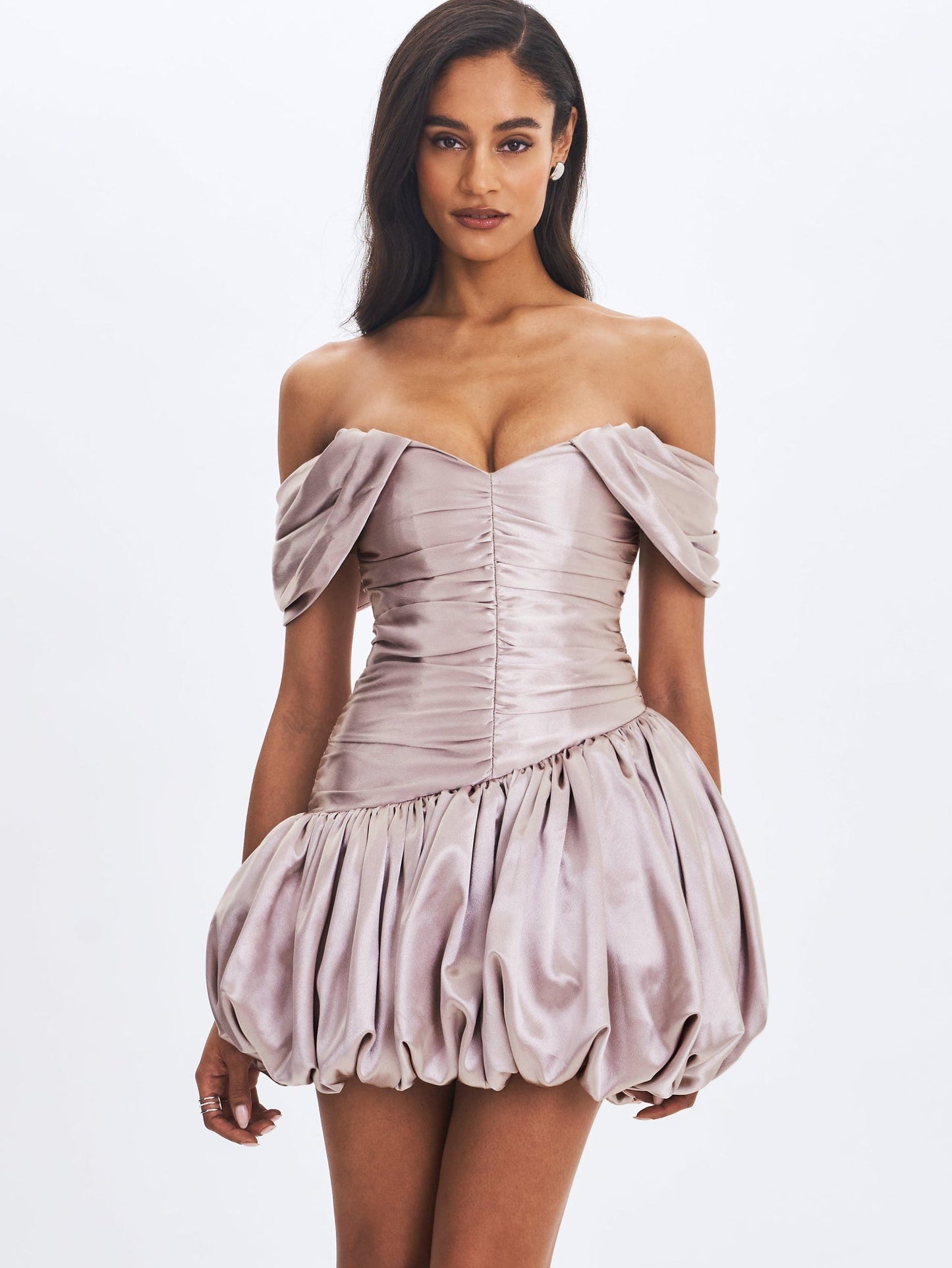 Milena Champagne Ruched Asymmetrical Bubble Mini Dress