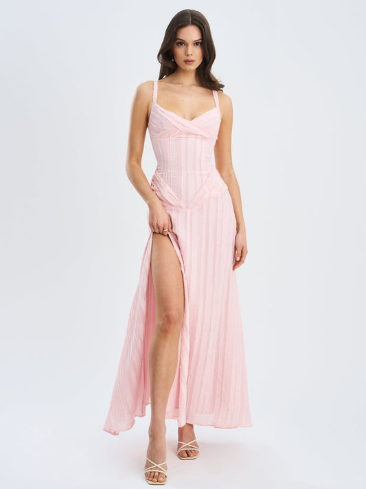Mallory Baby Pink Stripe Jacquard High Slit Gown