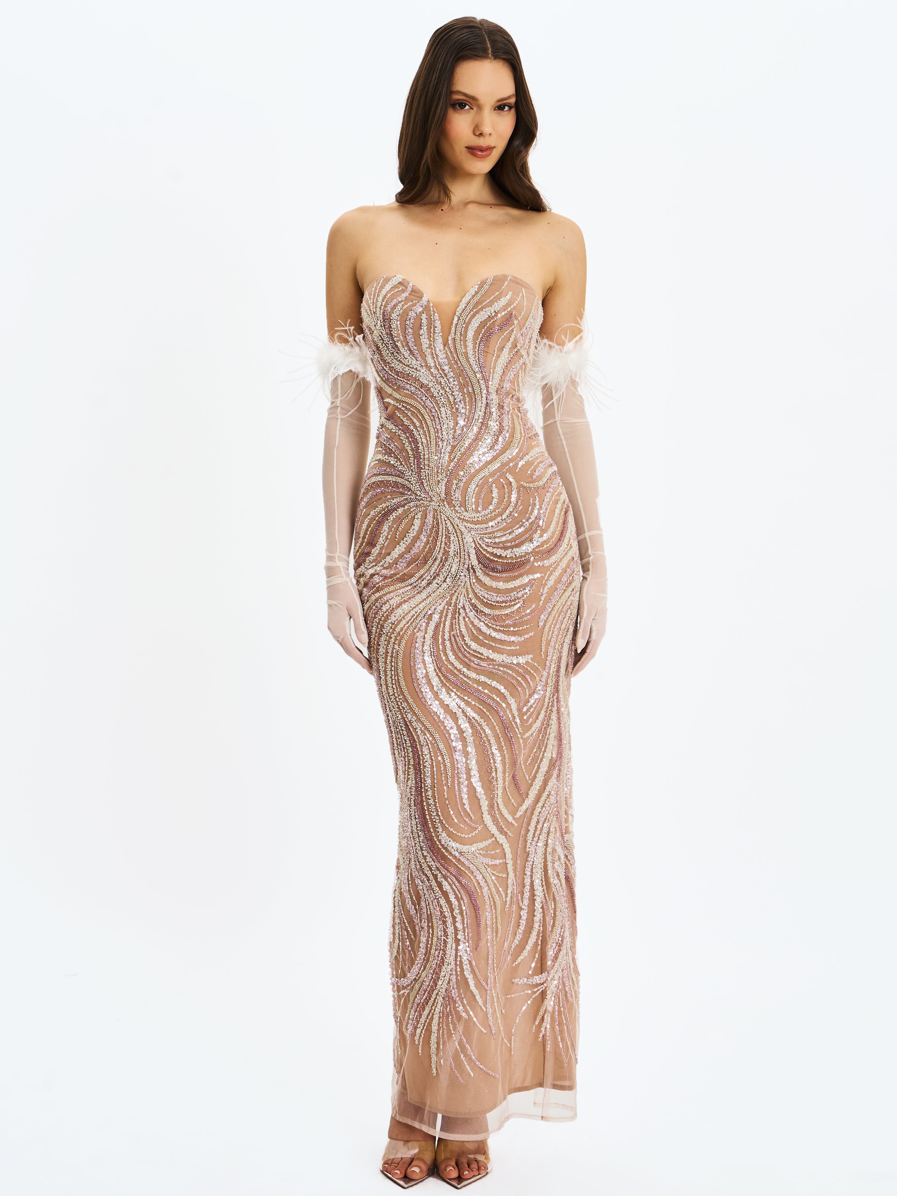 Quinci Apricot Beaded Sequin Sweetheart Maxi Dress