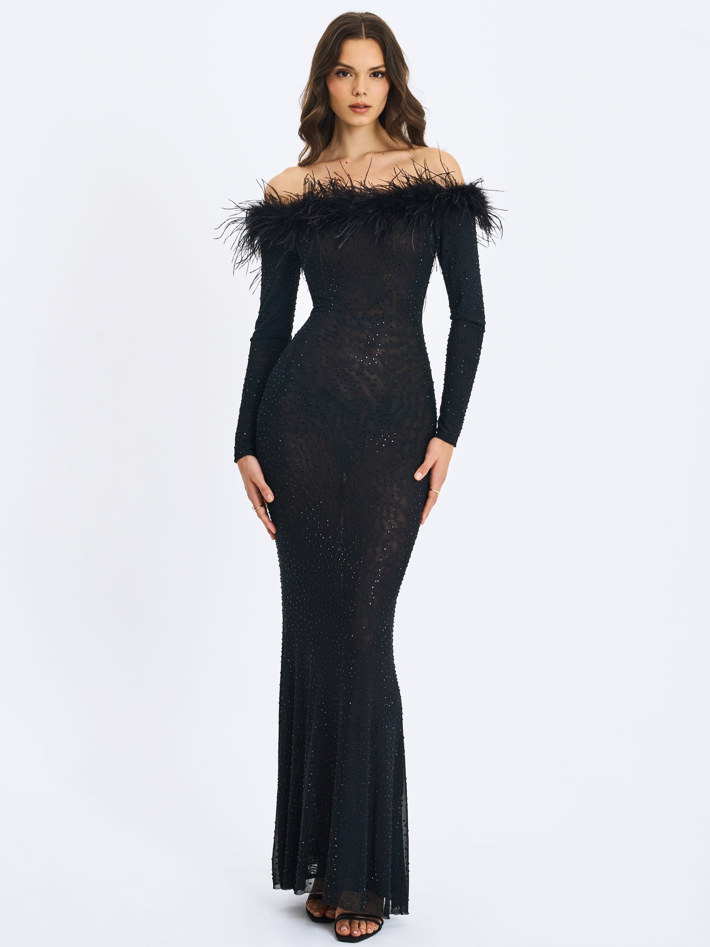 Emberly Black Fur Trimmed Off-Shoulder Rhinestone Mermaid Maxi Dress