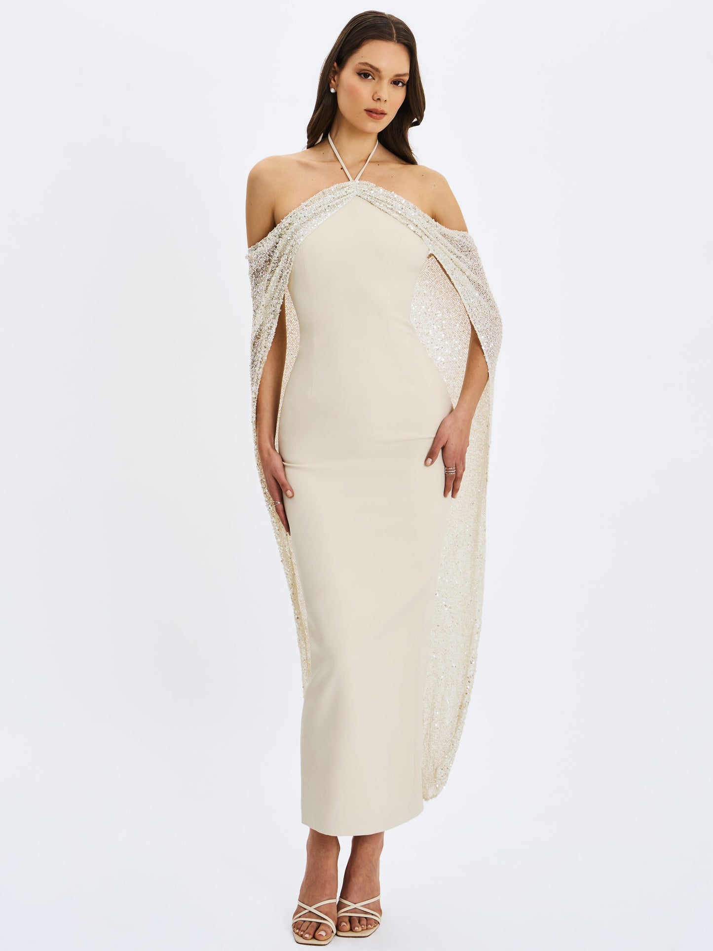 Quimera Almond Beaded Cape Halter Off-Shoulder Maxi Gown