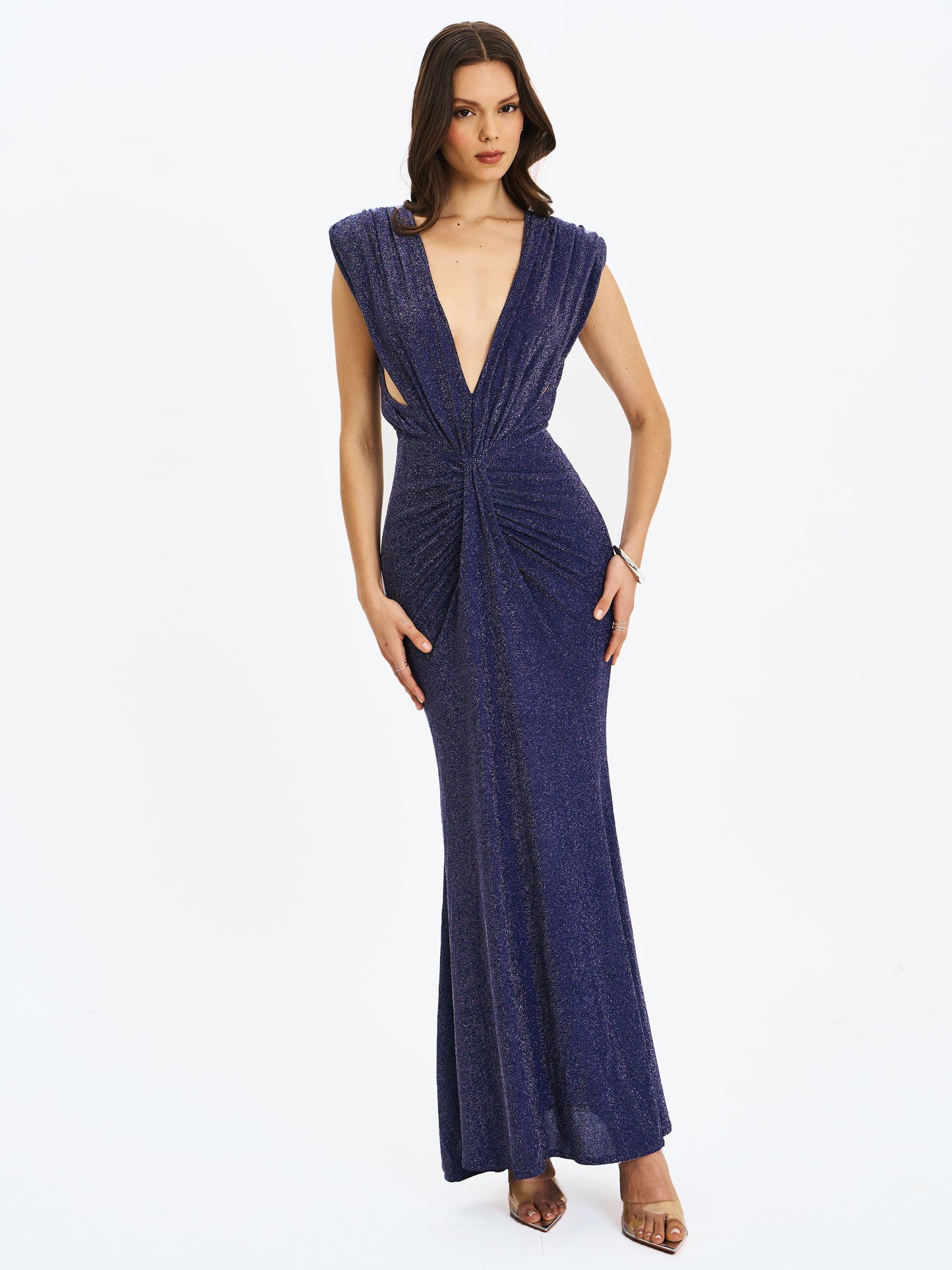 Terri Navy Sparkle Plunging Backless Maxi Dress
