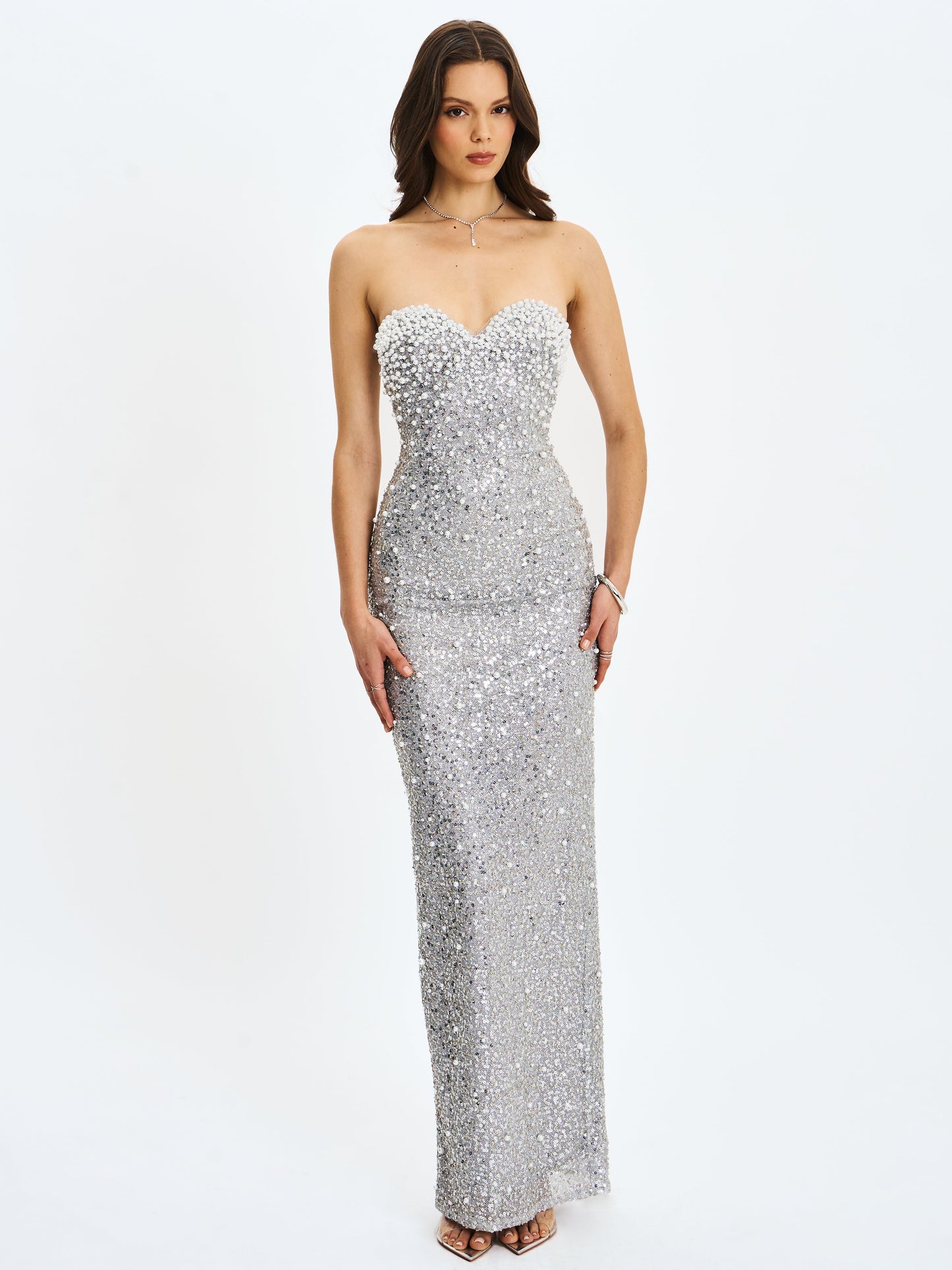 Noelle Silver Sequin Pearl-Embellished Sweetheart Maxi Dress
