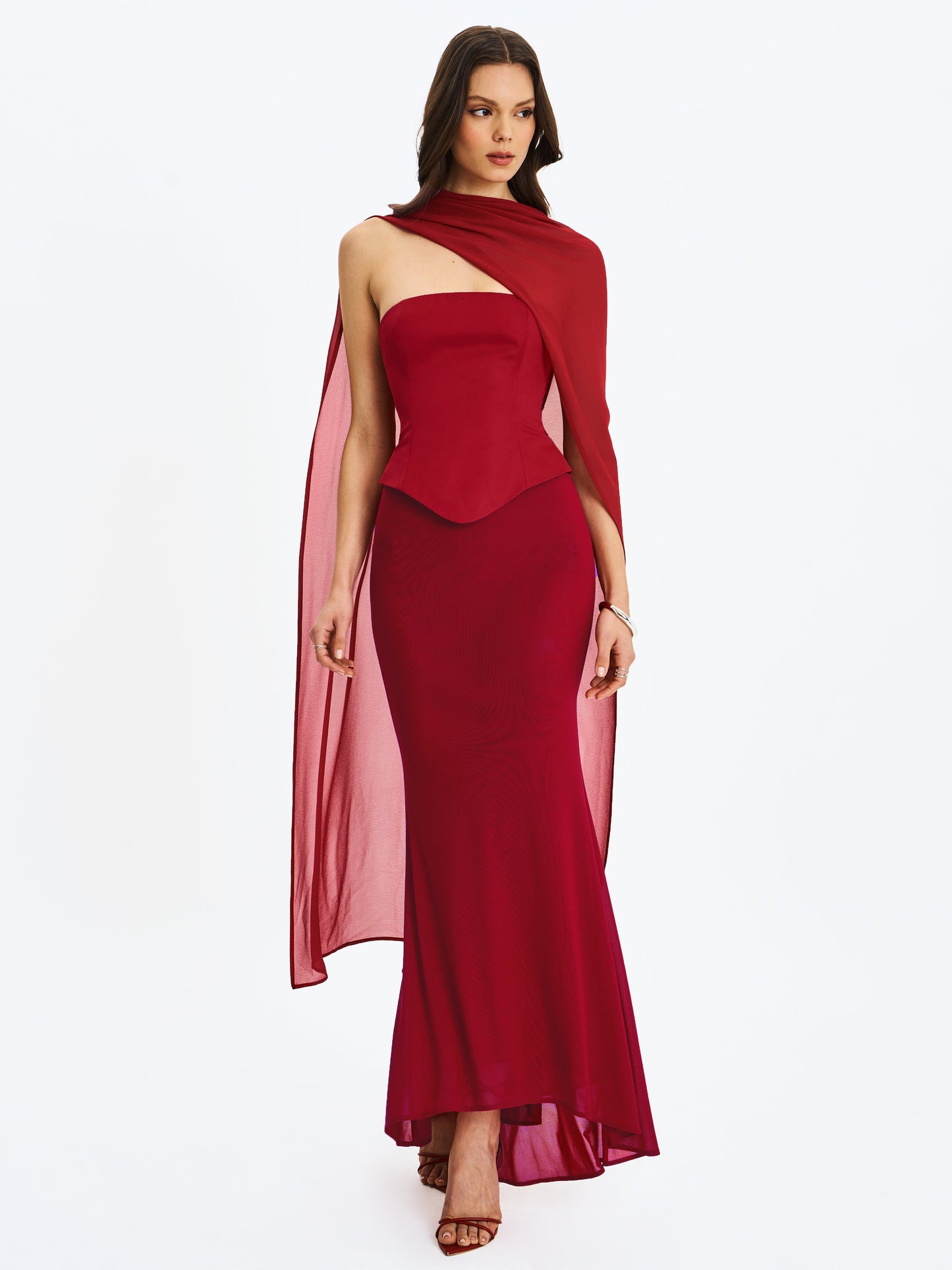 Giselle Crimson Peplum Mermaid Gown with Chiffon Scarf