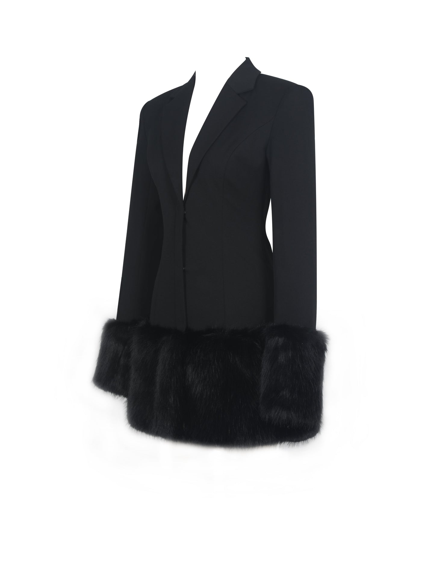 Wenona Black Fur Trimmed V-Neck Mini Blazer Dress