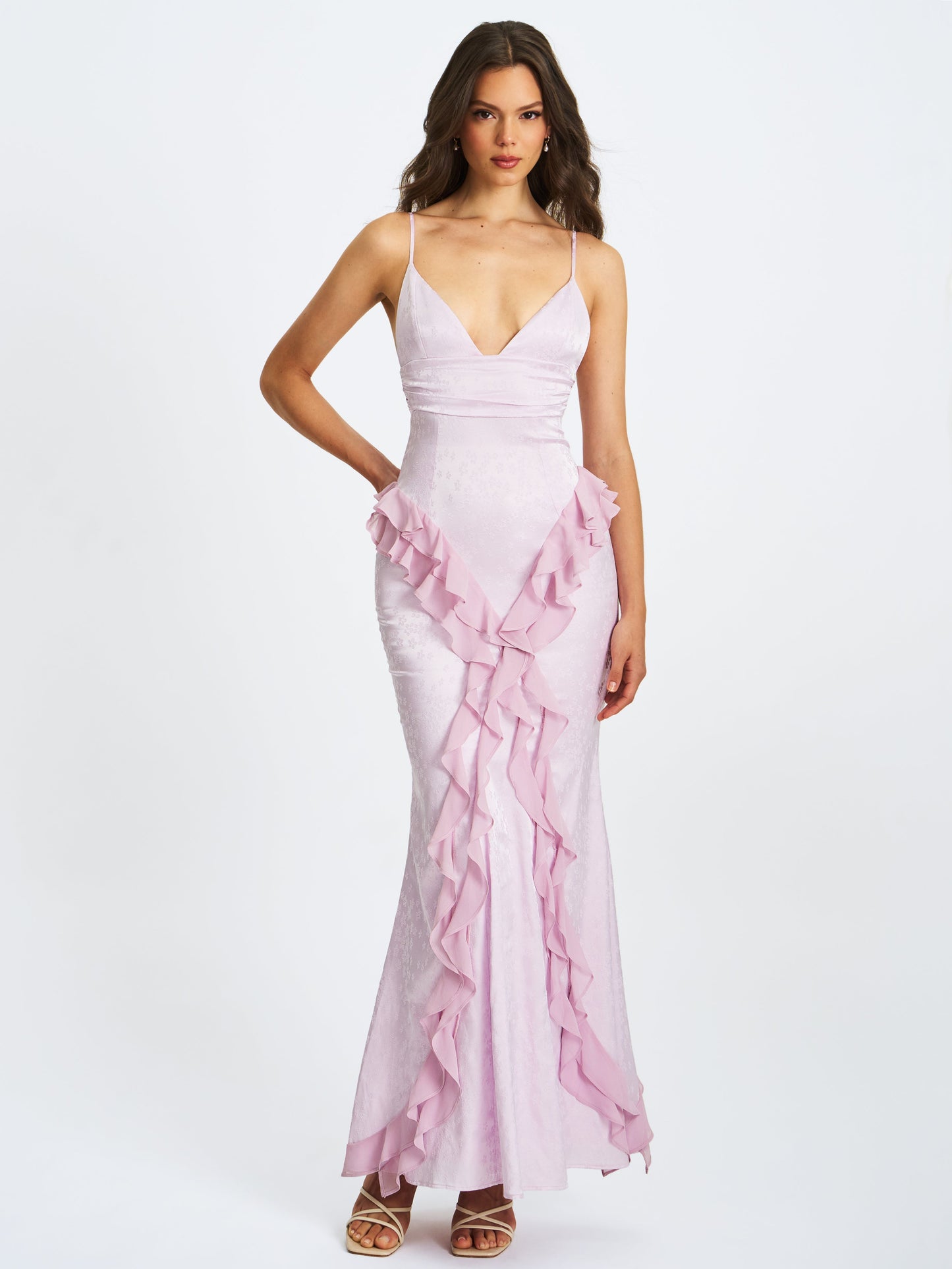 Paolina Taro Pink Jacquard Ruffle Mermaid Maxi Dress