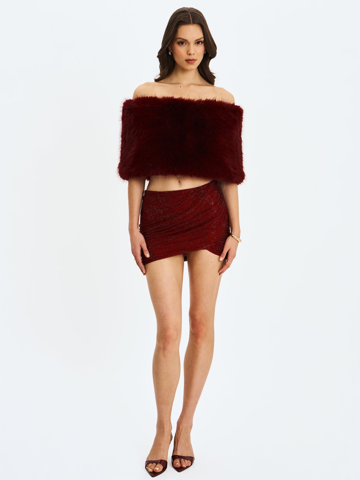 Darla Burgundy Faux Fur Off-Shoulder Cropped Top