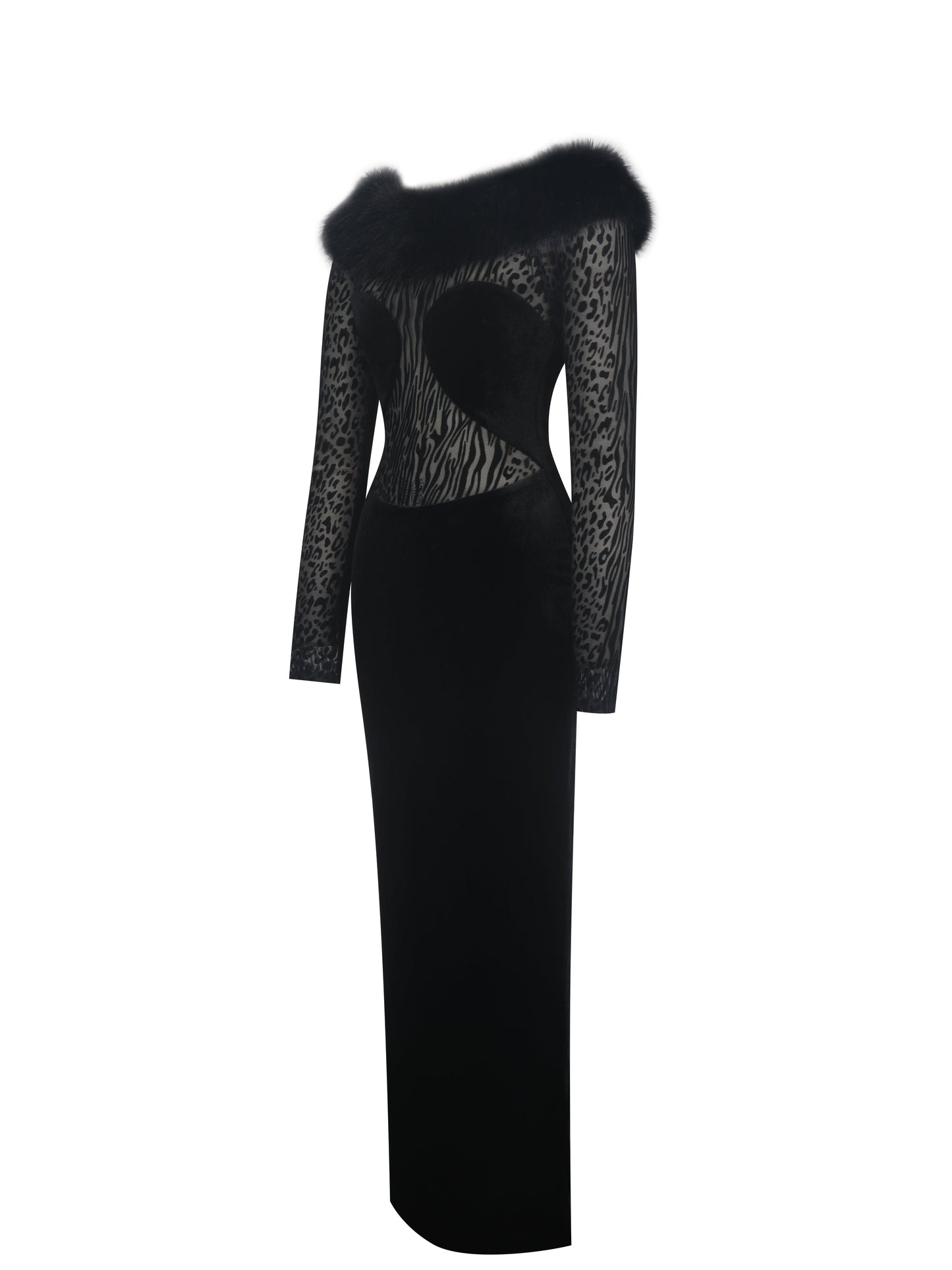 Alexis Black Velvet Animal Print Fur Boatneck Maxi Dress