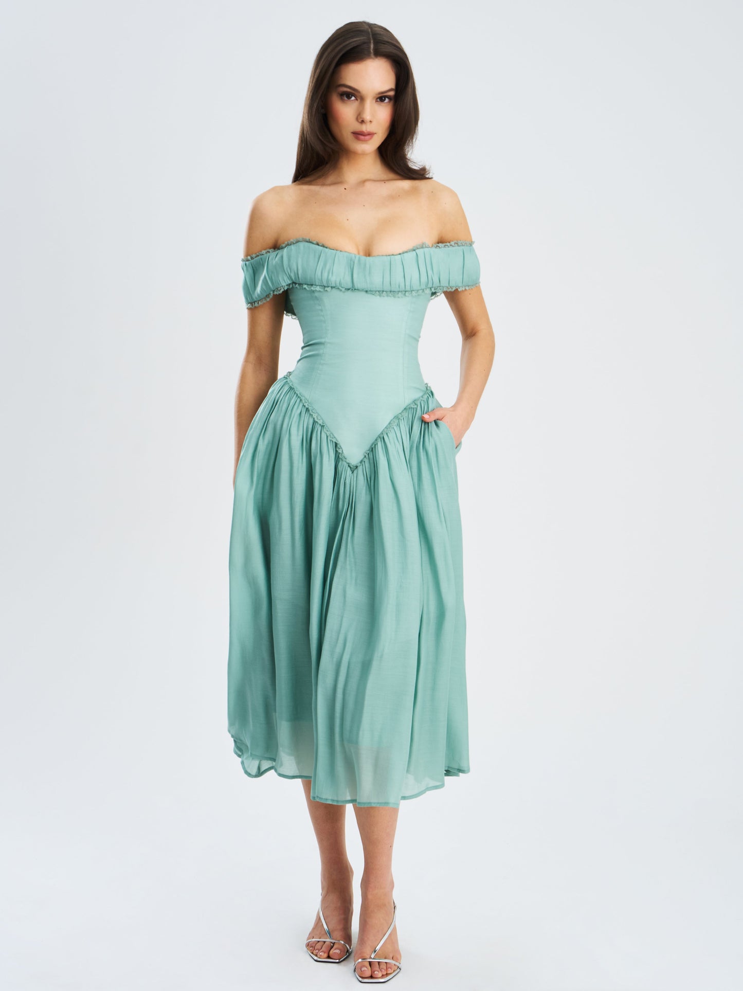 Xavy Teal Green Off Shoulder Corset Midi Dress
