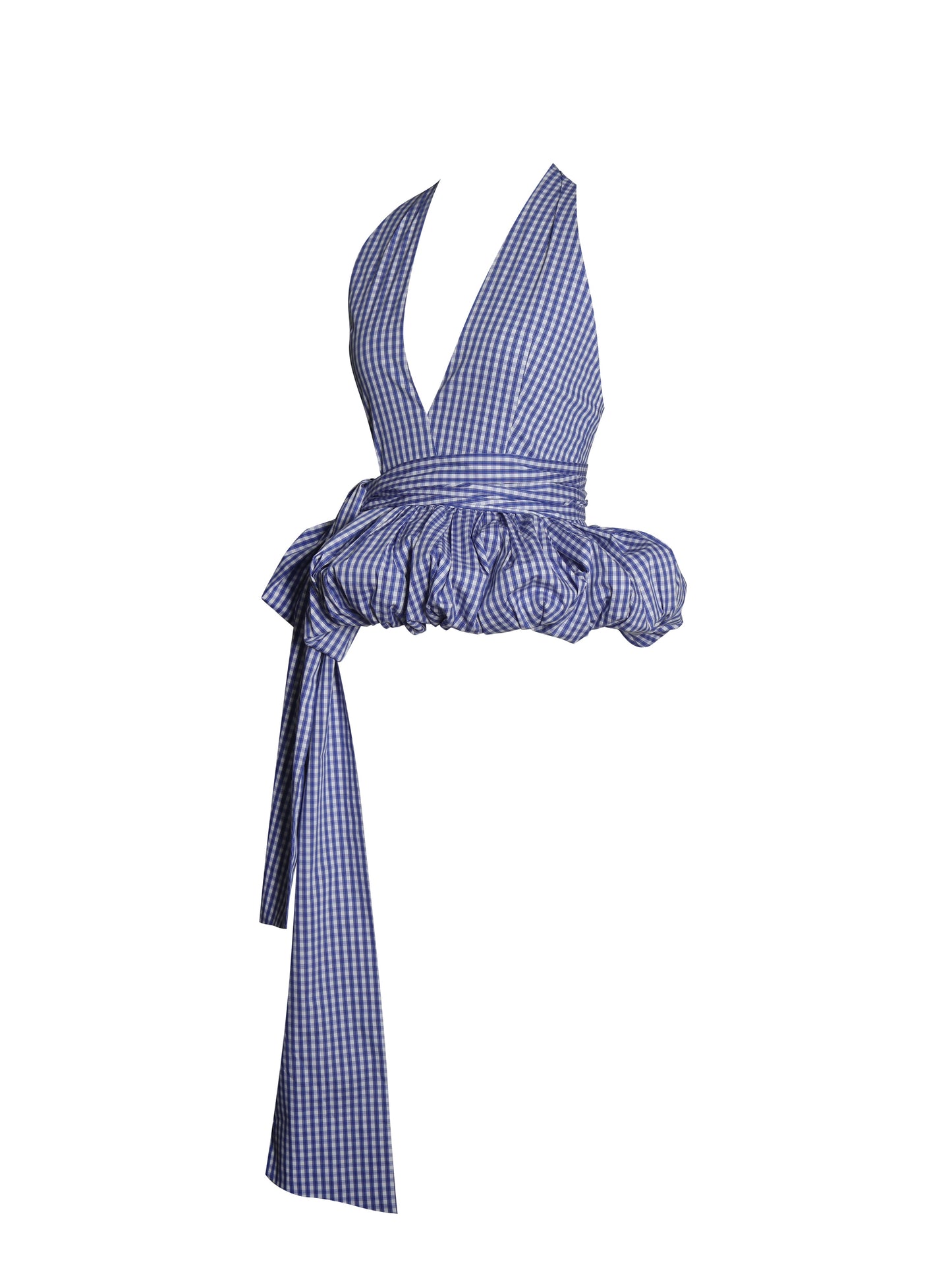 Ilene Blue and White Checkered Bubble Hem Halter Top