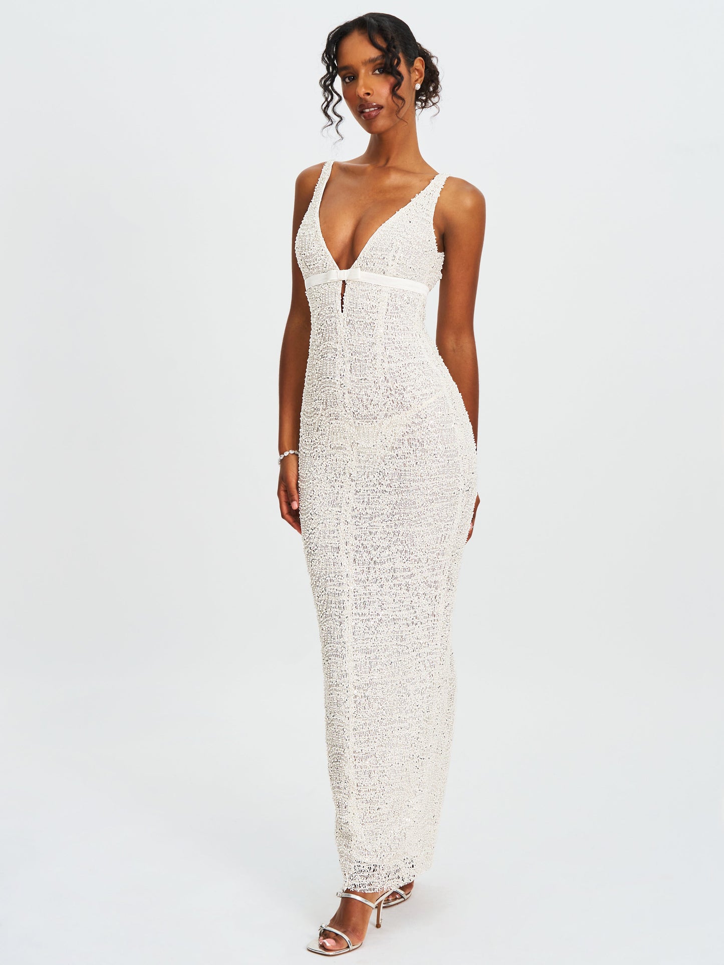 Adelaide White Beaded Sequin Net Bodycon Gown
