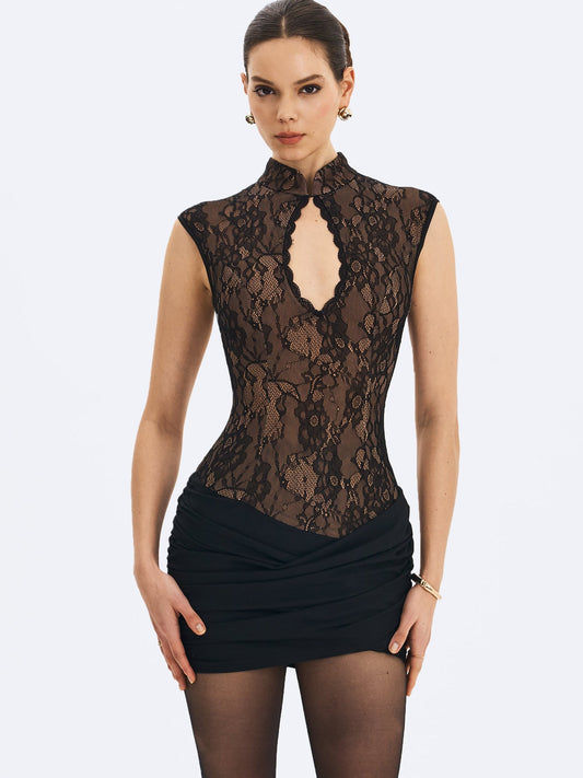Valerie Black Lace Teardrop Neckline Ruched Mini Dress