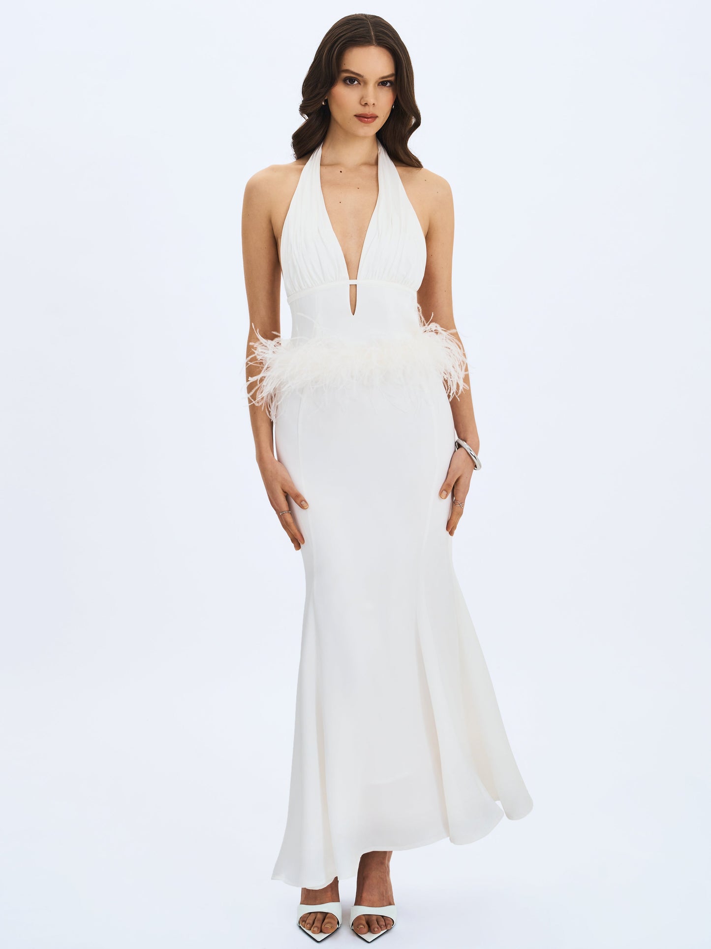 Solene Pleated Halter Backless Feather-Trim Maxi Dress