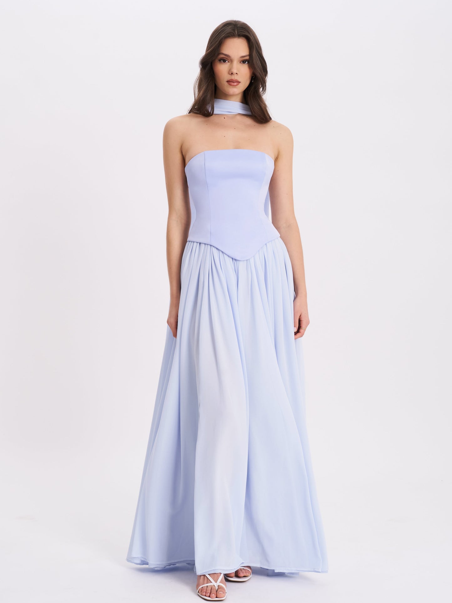 Qianna Baby Blue Peplum Drop Waist Chiffon Gown