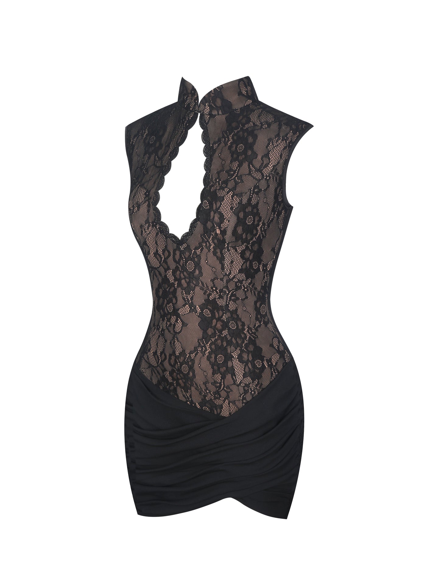 Valerie Black Lace Teardrop Neckline Ruched Mini Dress