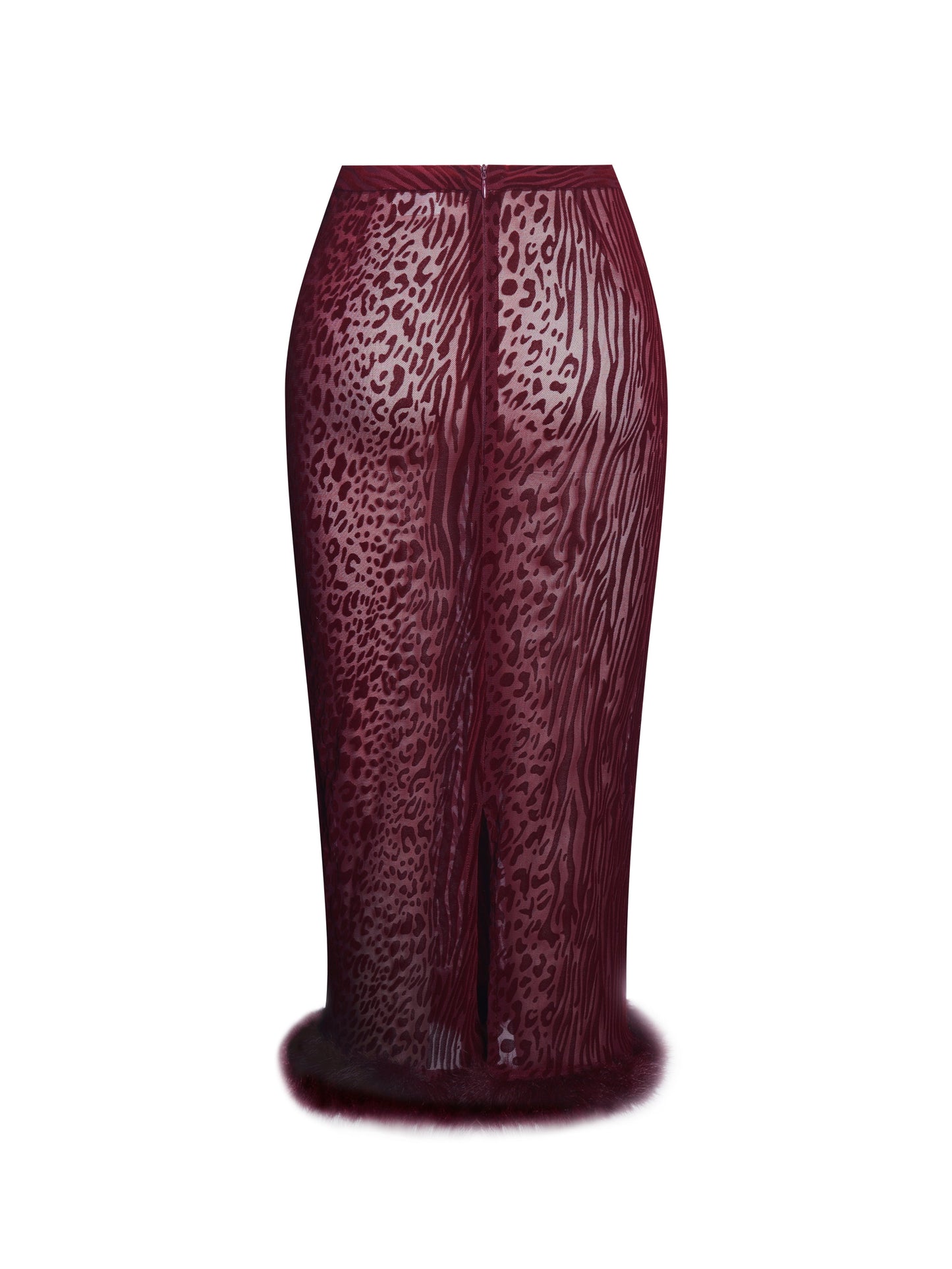 Halia Burgundy Animal Print Burnout Velvet Fur Trim Skirt