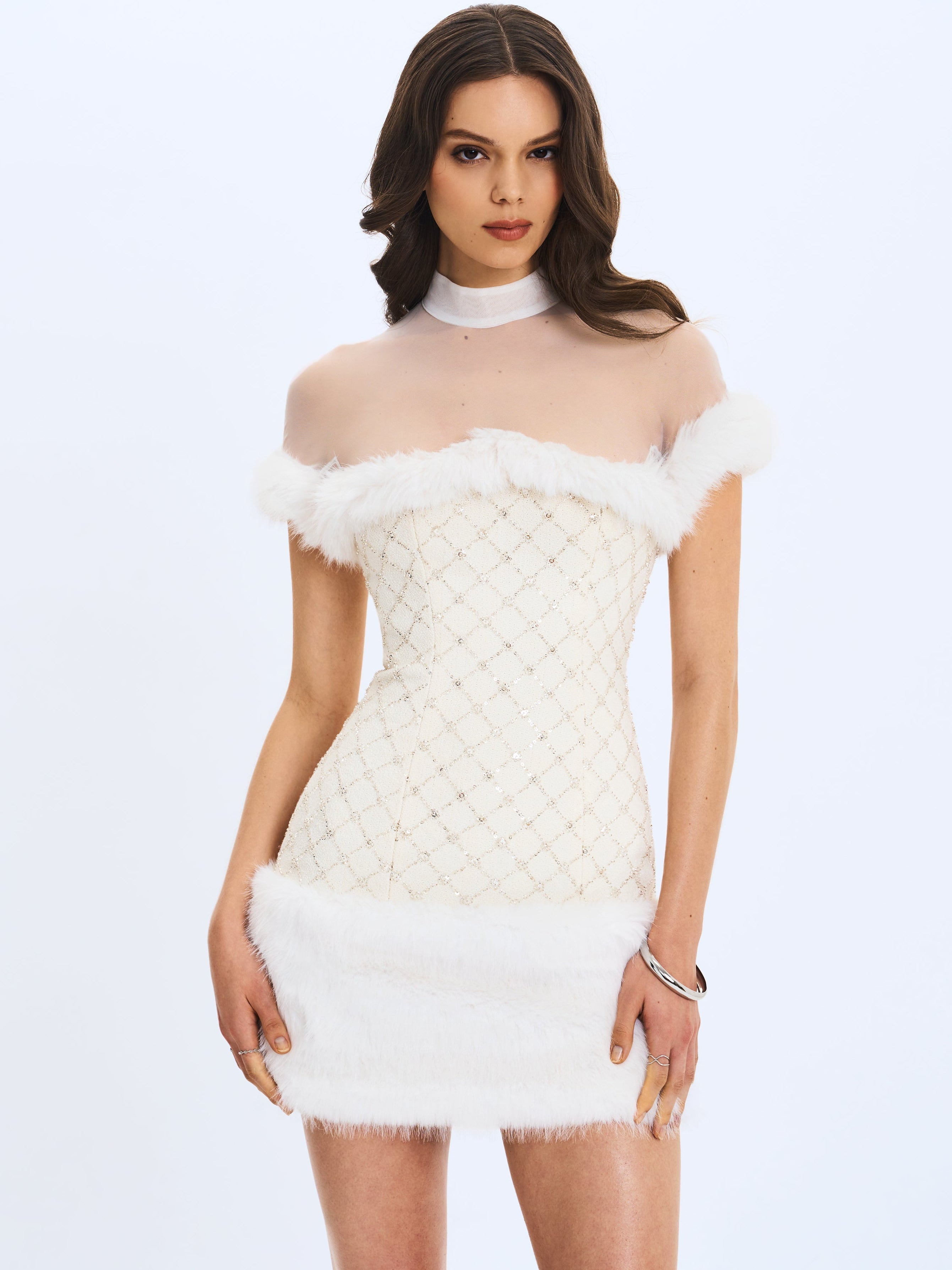 Taylor Ivory Fur Trimmed Beaded Bouclé Mini Dress