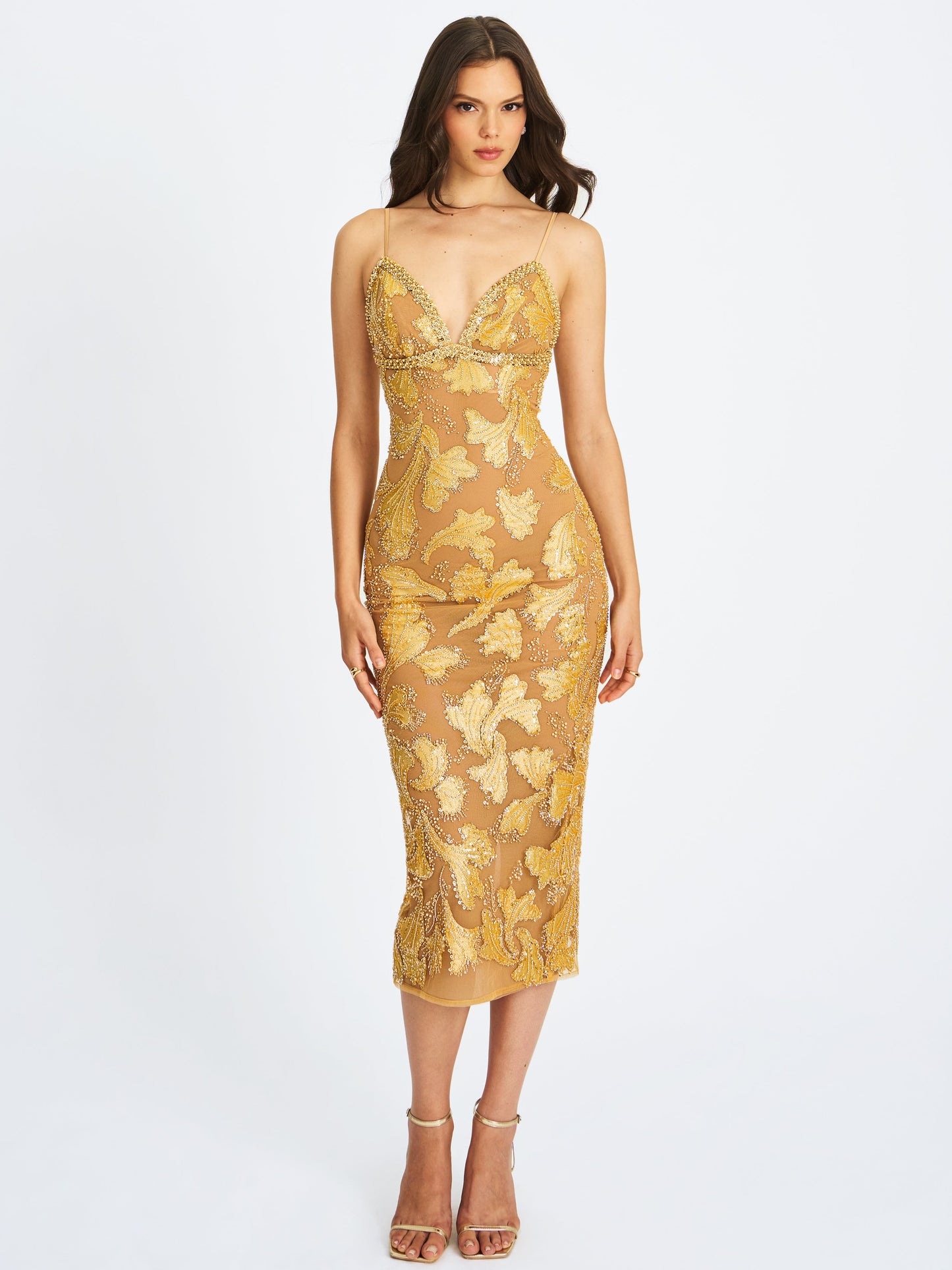 Edie Gold Beaded Sequin Midi Pencil Dress