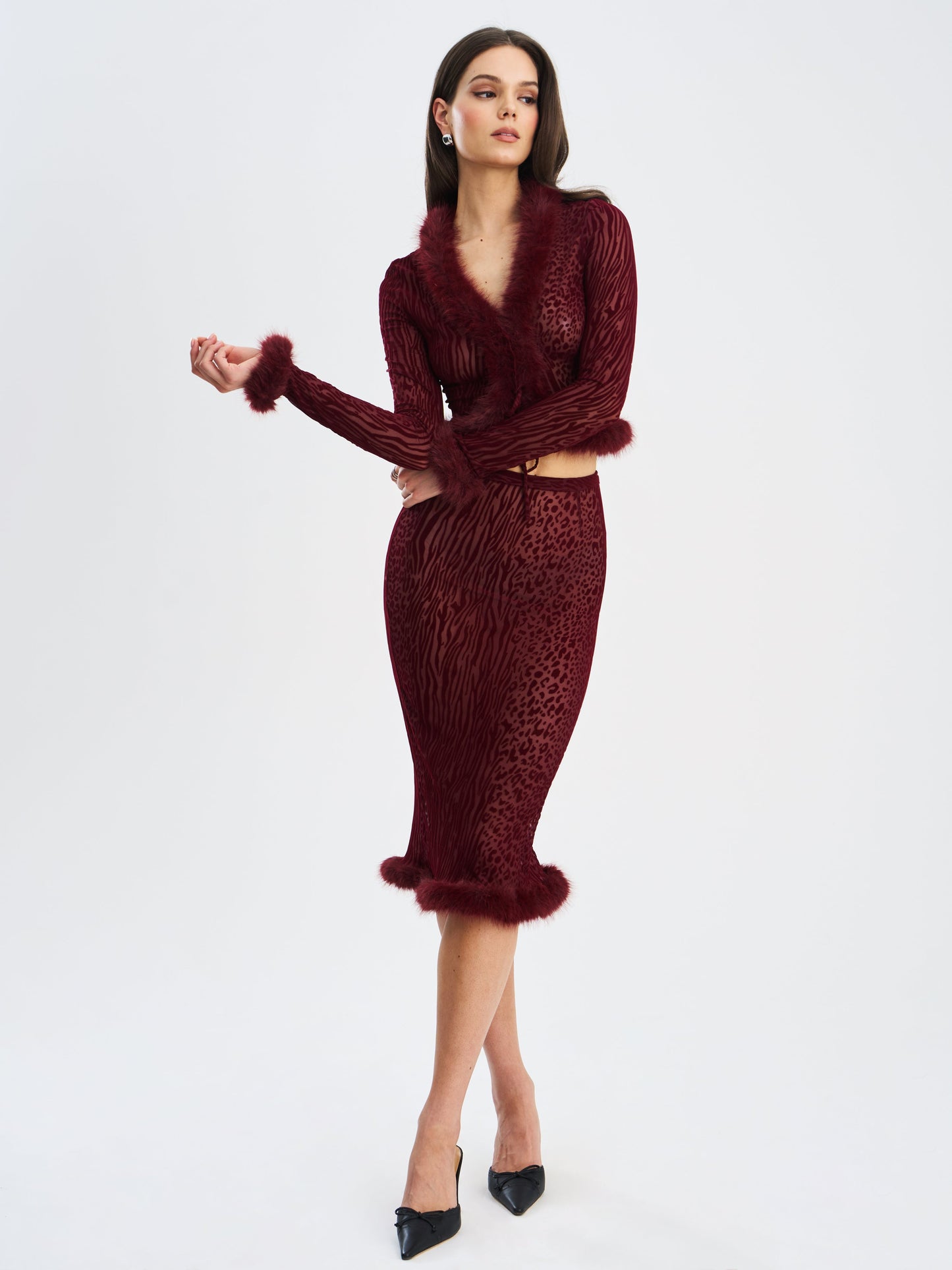 Halia Burgundy Animal Print Burnout Velvet Fur Trim Skirt