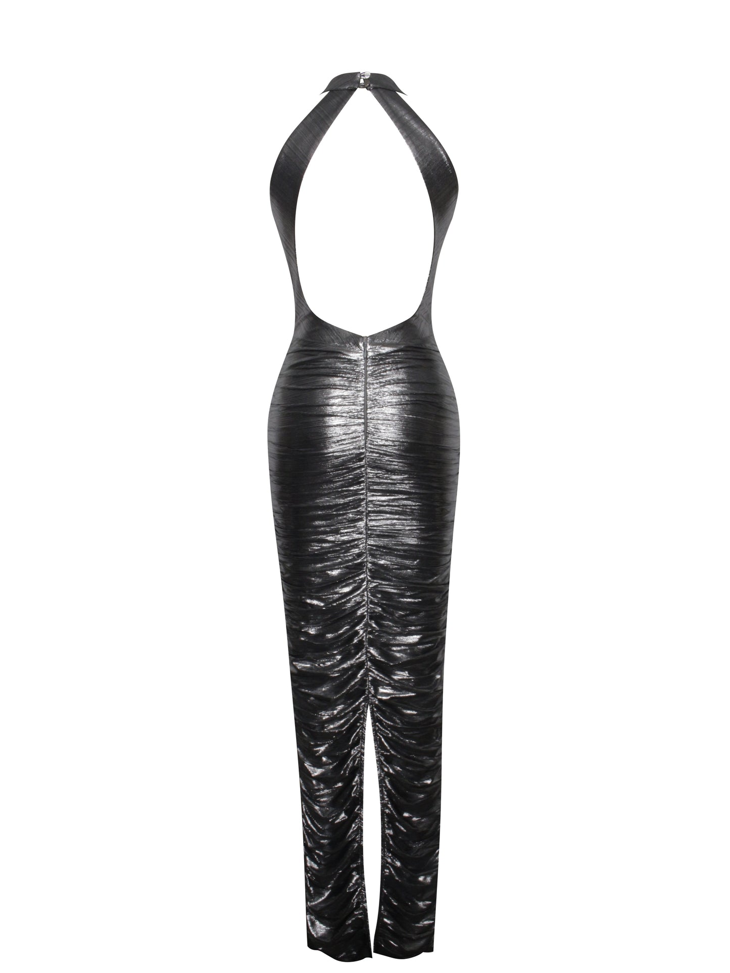 Abril Ruched Silver Glitter Backless Gown