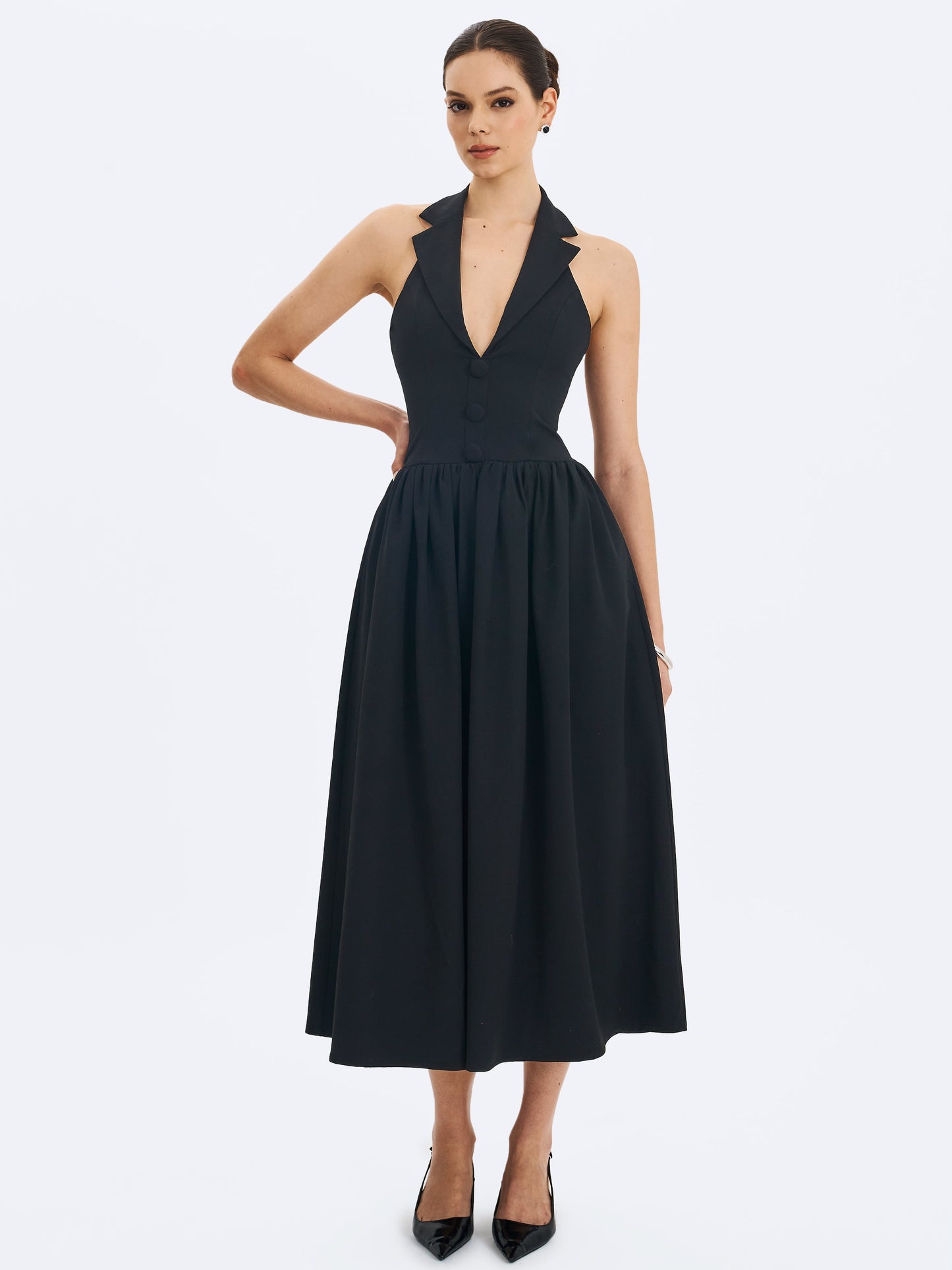 Delaney Black Lapel Halter Midi A-Line Dress