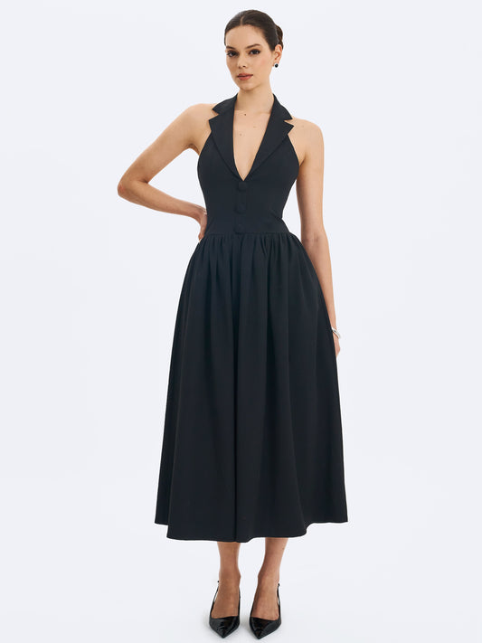 Delaney Black Lapel Halter Midi A-Line Dress